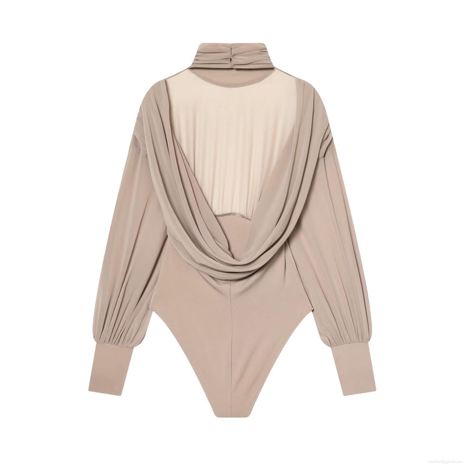 Women's Elegant High Neck Mesh Patchwork Bodysuit Khaki Long Sleeve Backless Pleated Slim Fit Top Fashion Bodycon Party Jumpsuit Leotard