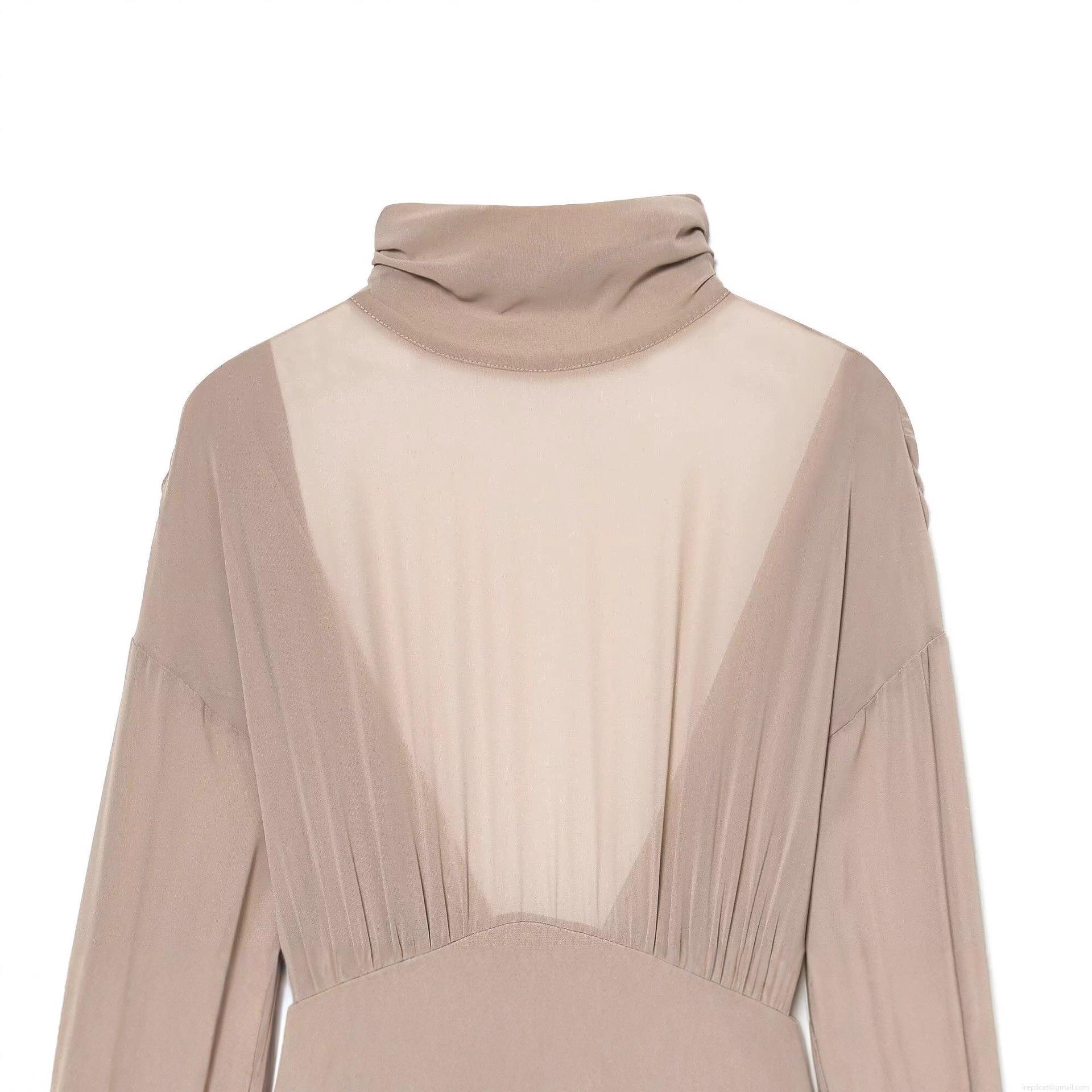 Women's Elegant High Neck Mesh Patchwork Bodysuit Khaki Long Sleeve Backless Pleated Slim Fit Top Fashion Bodycon Party Jumpsuit Leotard