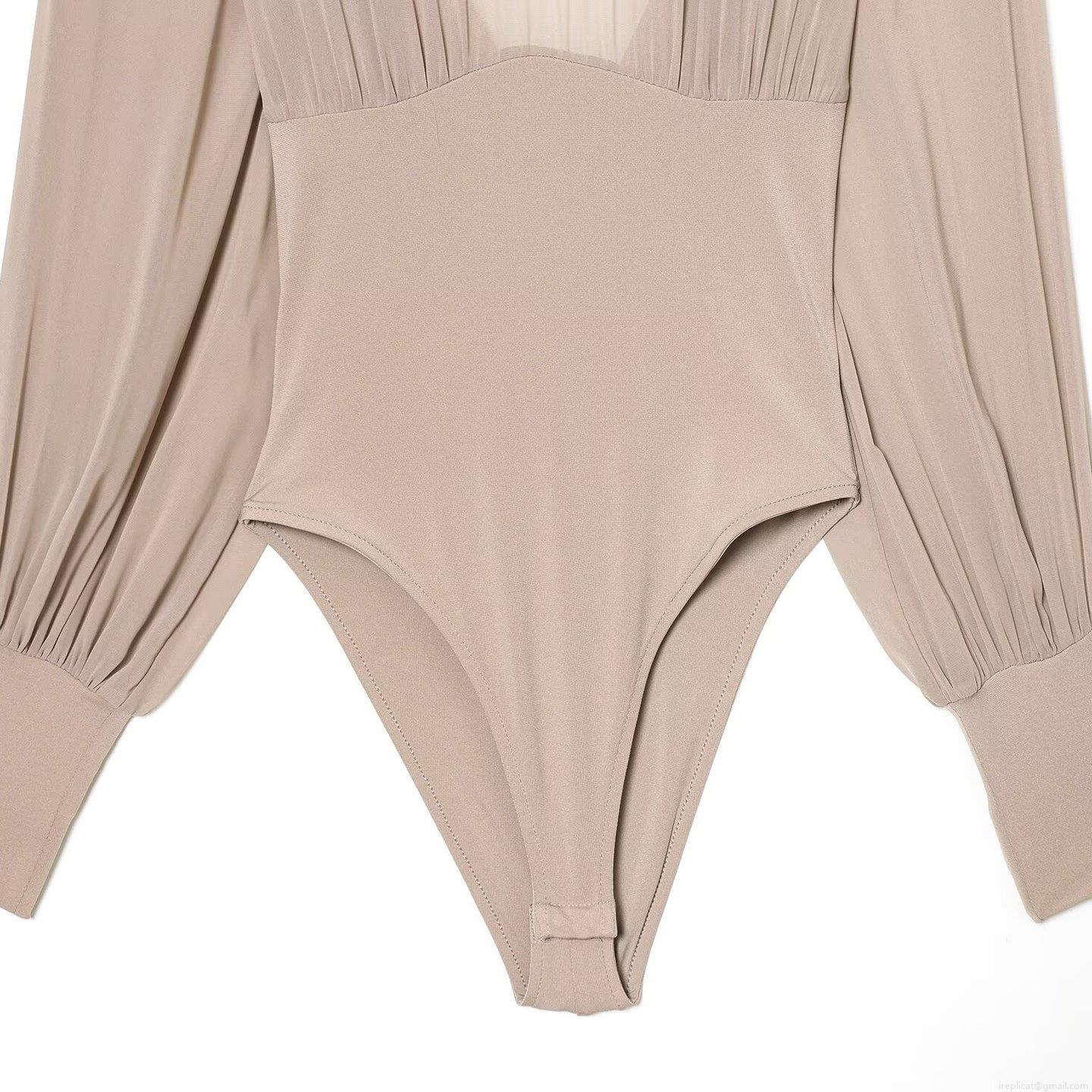 Women's Elegant High Neck Mesh Patchwork Bodysuit Khaki Long Sleeve Backless Pleated Slim Fit Top Fashion Bodycon Party Jumpsuit Leotard