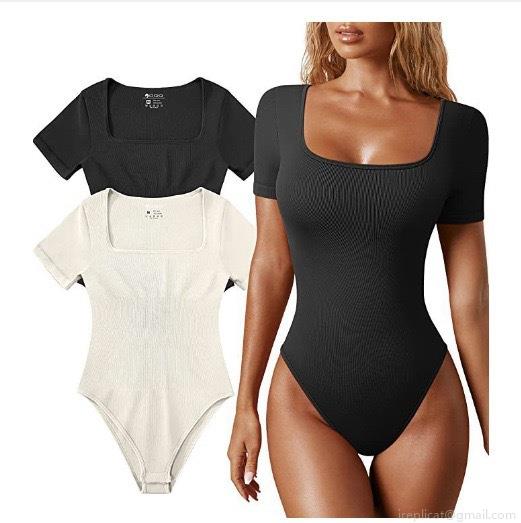 Women Sexy Ribbed Knit Bodysuit Square Neck Short Sleeve Skinny Jumpsuit For Yoga Sport Casual Stretchy Ribbed Bodysuit Solid Color Summer Tops