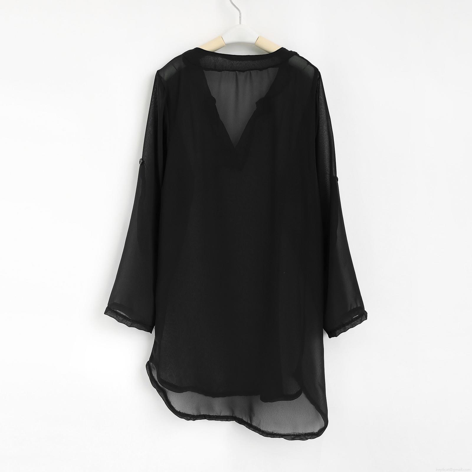 Women's Deep V-Neck Chiffon Beach Cover Up Shirt Loose Solid Color Long Sleeve Swimsuit Smock Maternity Beachwear Blouse With Side Slit