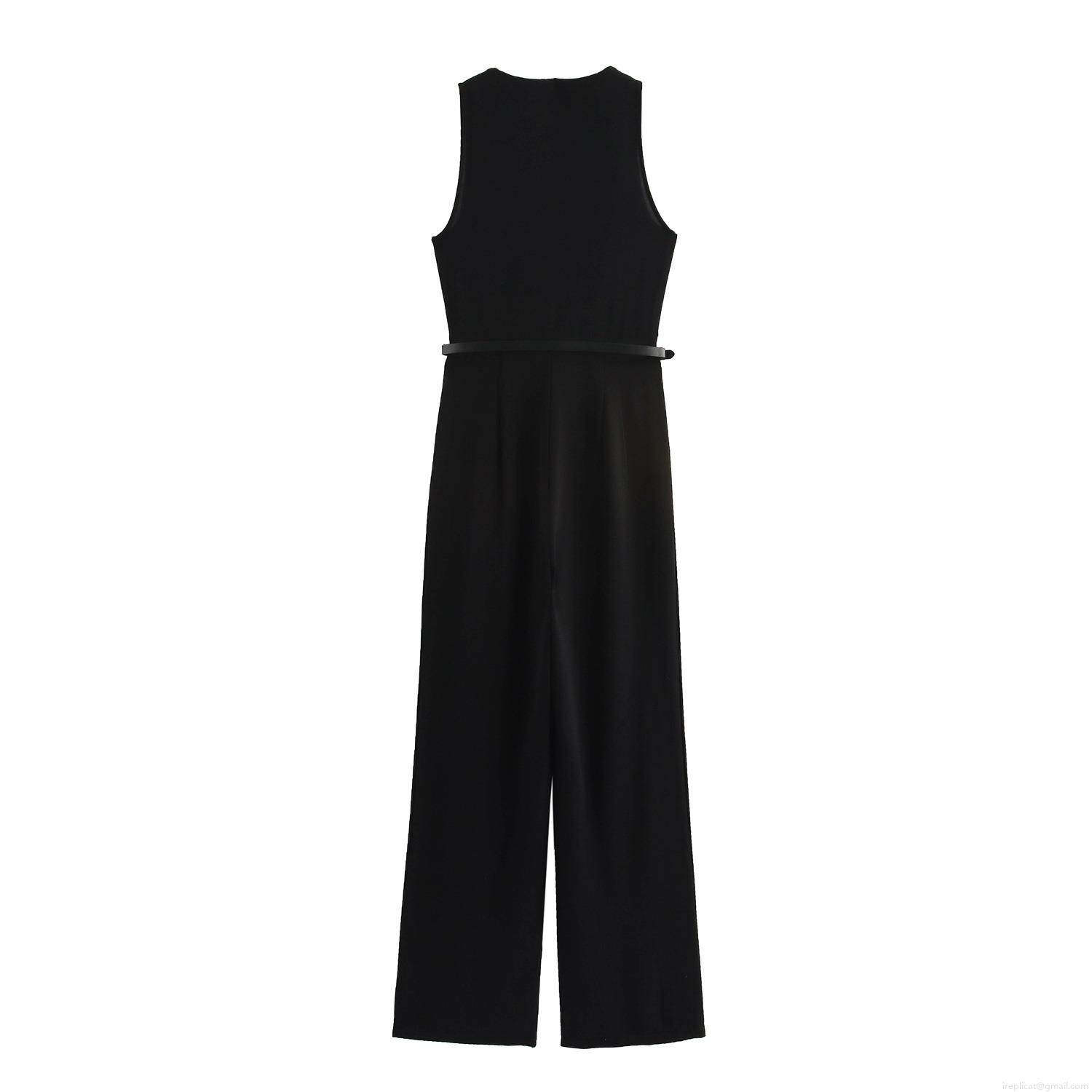 Women's Elegant Sleeveless V Neck Jumpsuit With Belt Fashion Office Commuter Solid Color Wide Leg Long Pants Romper Overalls For Ladies