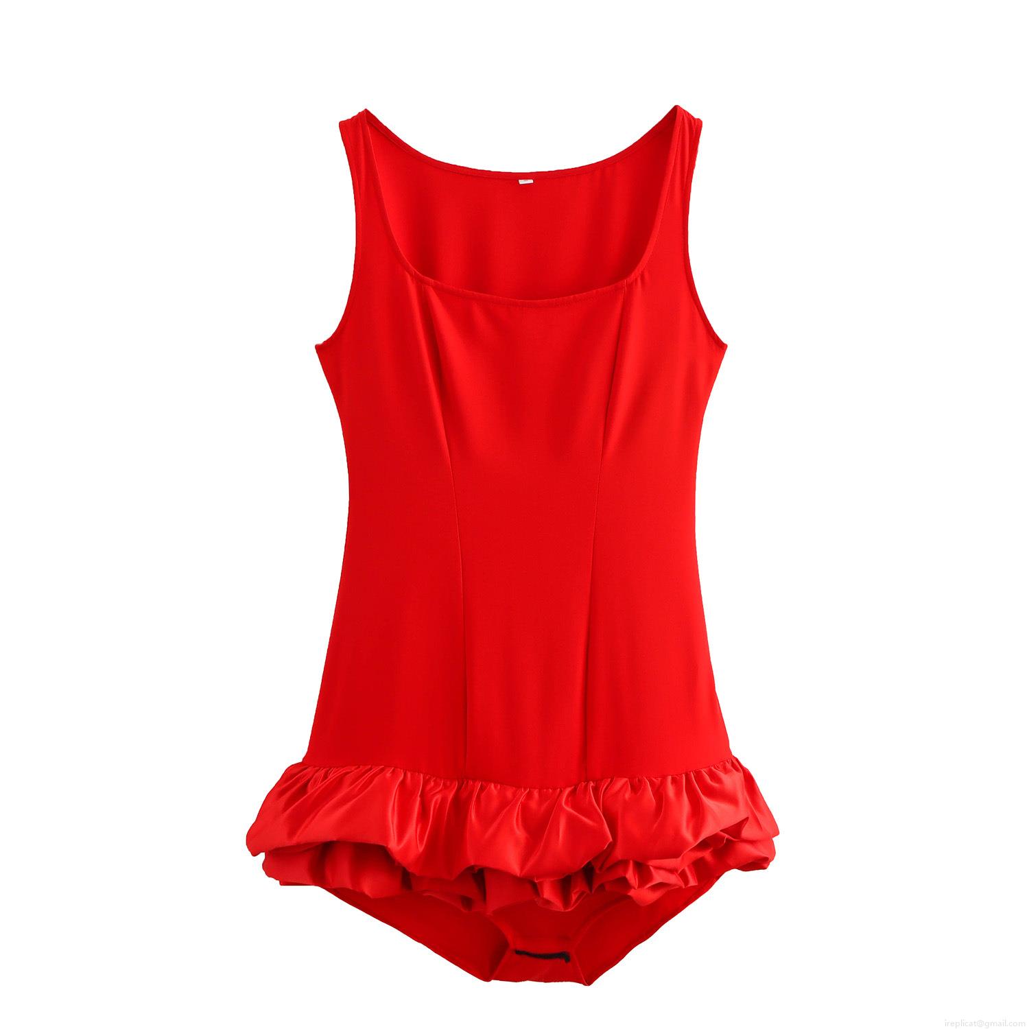Women Sexy Square Neck Sleeveless Ruffle Hem Romper Polyester Solid Color High Waist Slim Fit Bodycon Jumpsuit With Safety Pants For Party Clubwear