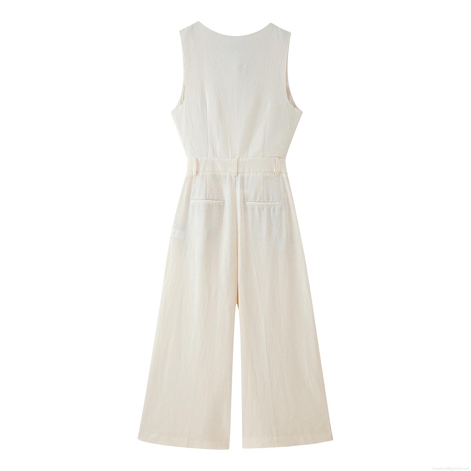 Women's Elegant Sleeveless V-Neck Jumpsuit Polyester Linen Texture Asymmetric Button Decor Wide Leg Long Pants Office Commute One Piece Playsuit