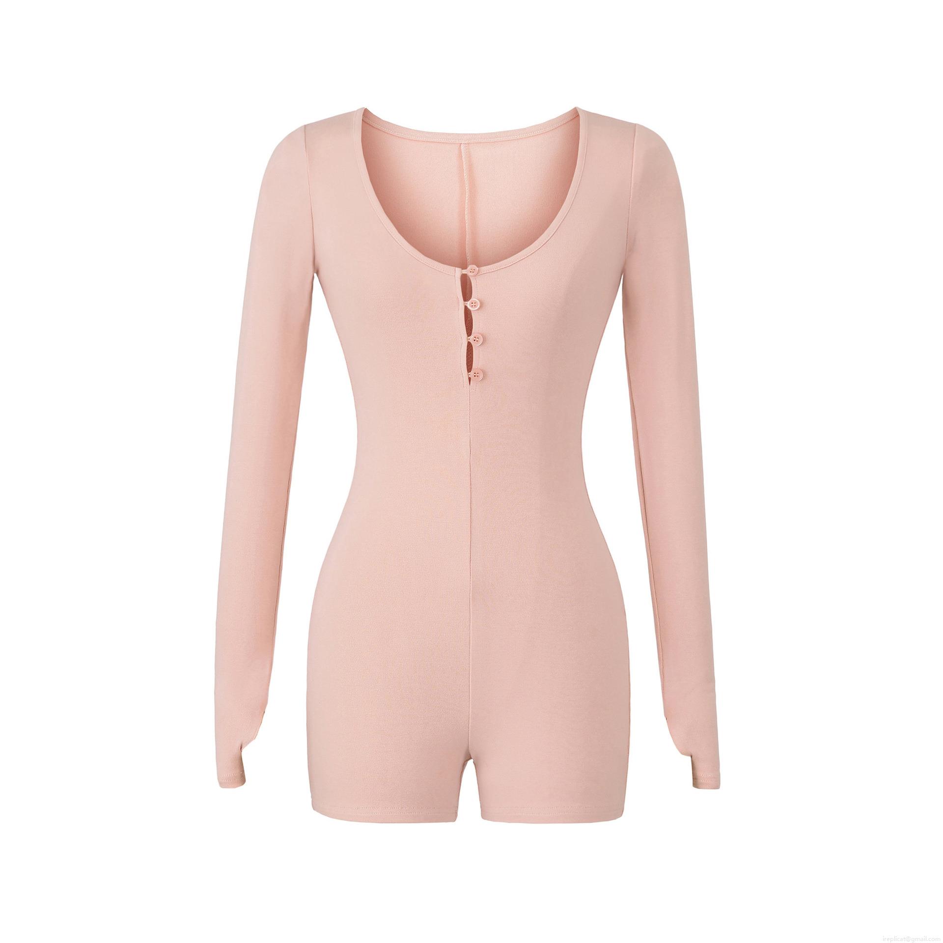 Sexy Women's Long Sleeve Romper Bodysuit Ribbed Knit Henley Neck Slim Fit Button Down Elastic Bodycon Short Jumpsuit For Daily Yoga Sport Home