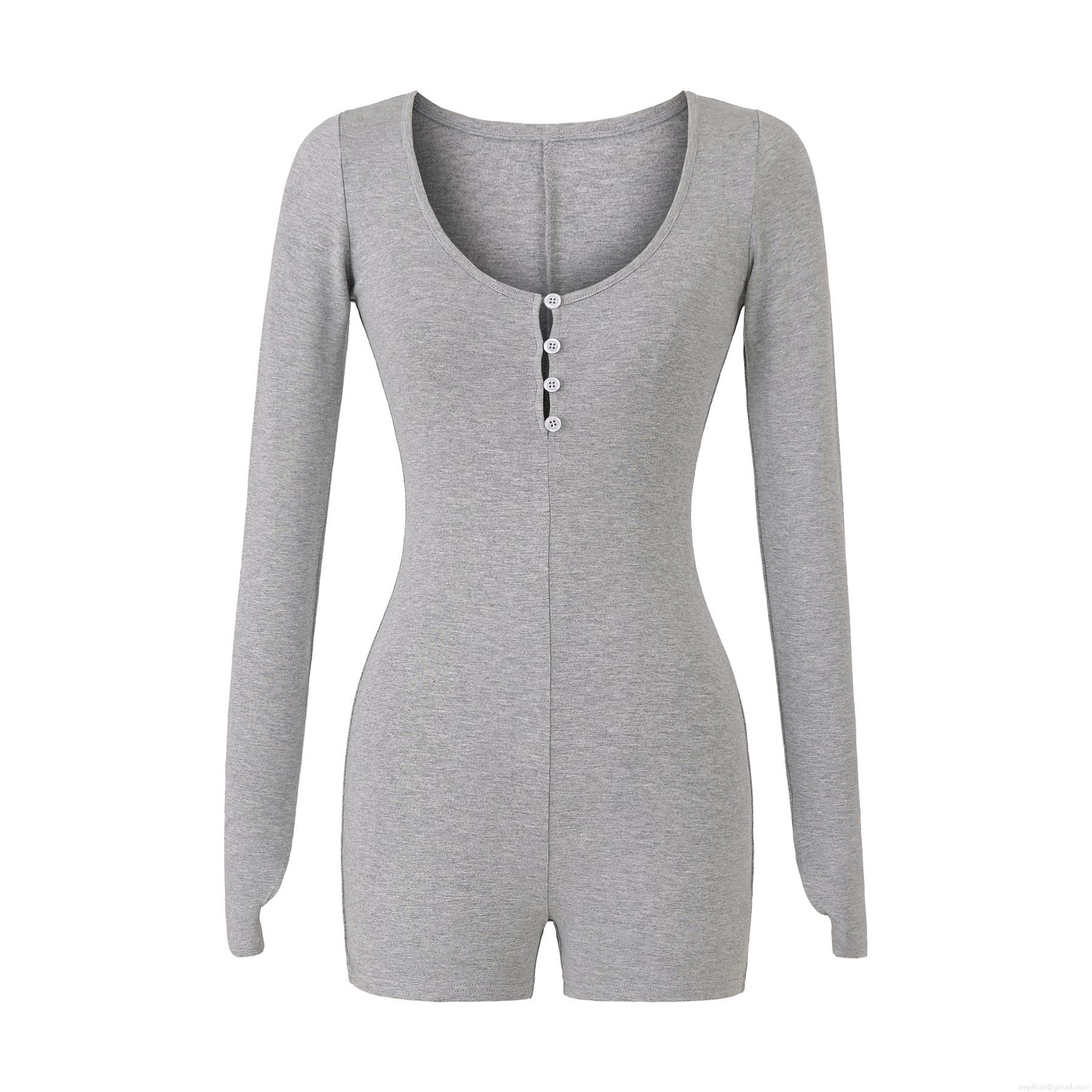 Sexy Women's Long Sleeve Romper Bodysuit Ribbed Knit Henley Neck Slim Fit Button Down Elastic Bodycon Short Jumpsuit For Daily Yoga Sport Home
