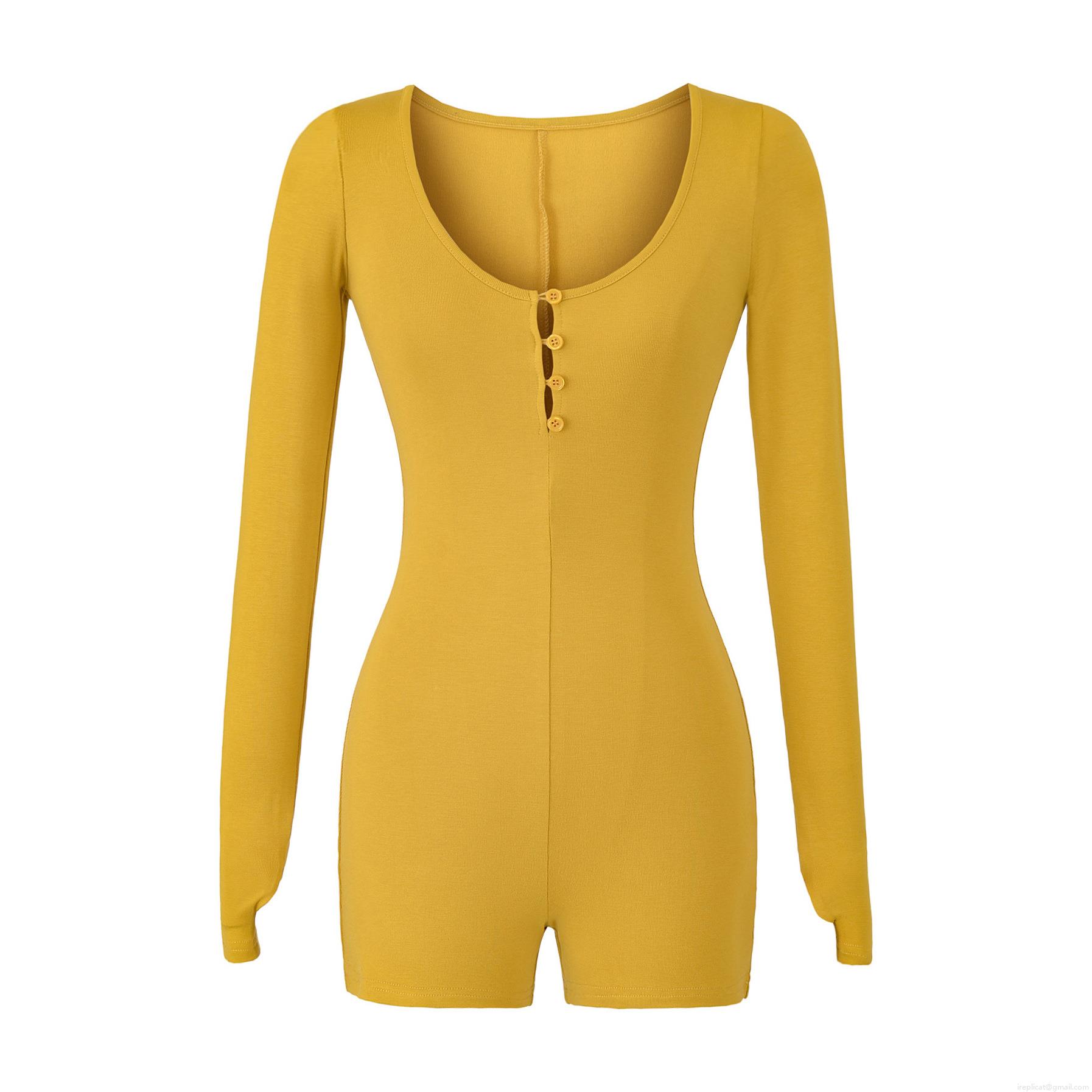Sexy Women's Long Sleeve Romper Bodysuit Ribbed Knit Henley Neck Slim Fit Button Down Elastic Bodycon Short Jumpsuit For Daily Yoga Sport Home