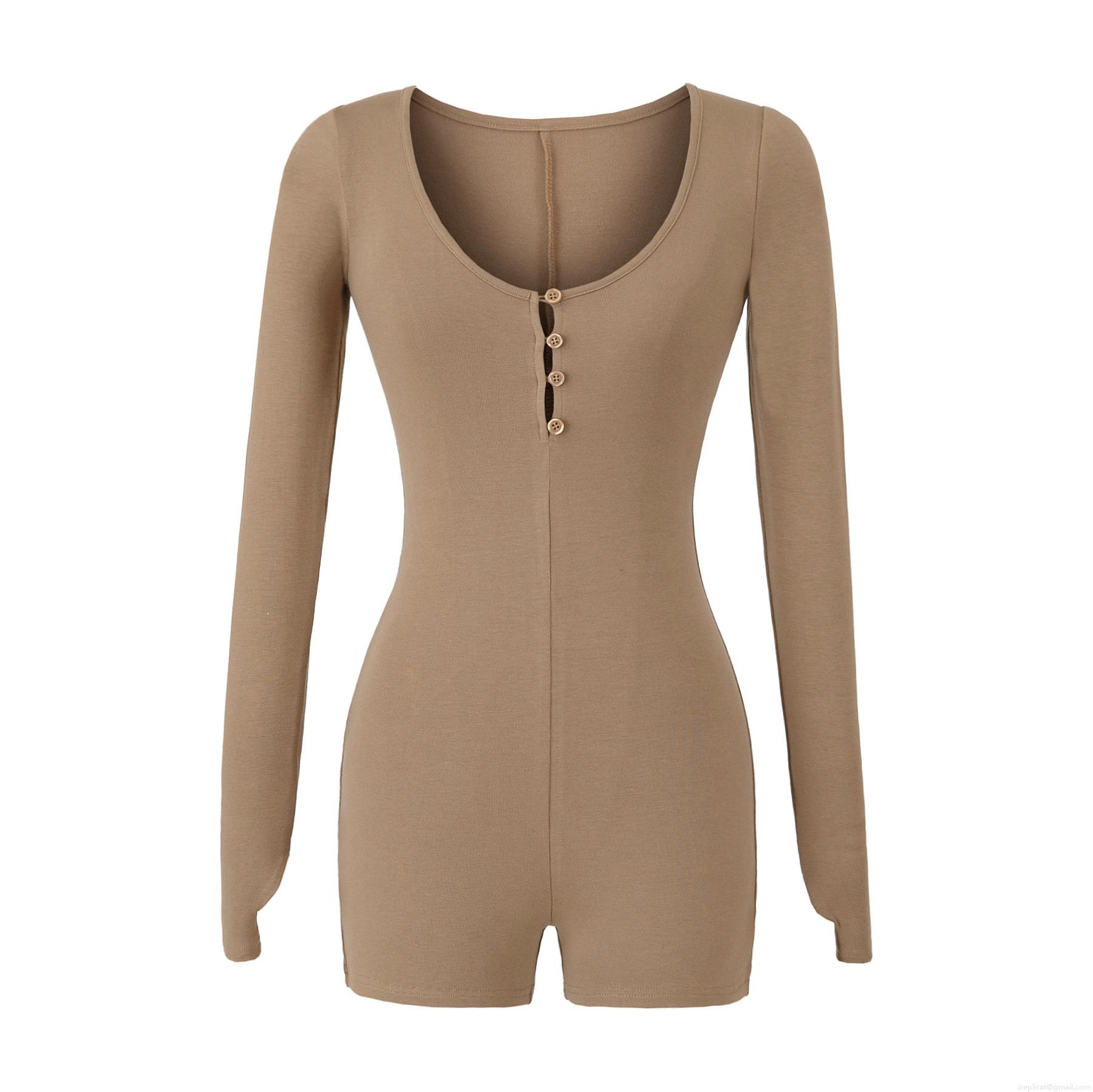 Sexy Women's Long Sleeve Romper Bodysuit Ribbed Knit Henley Neck Slim Fit Button Down Elastic Bodycon Short Jumpsuit For Daily Yoga Sport Home