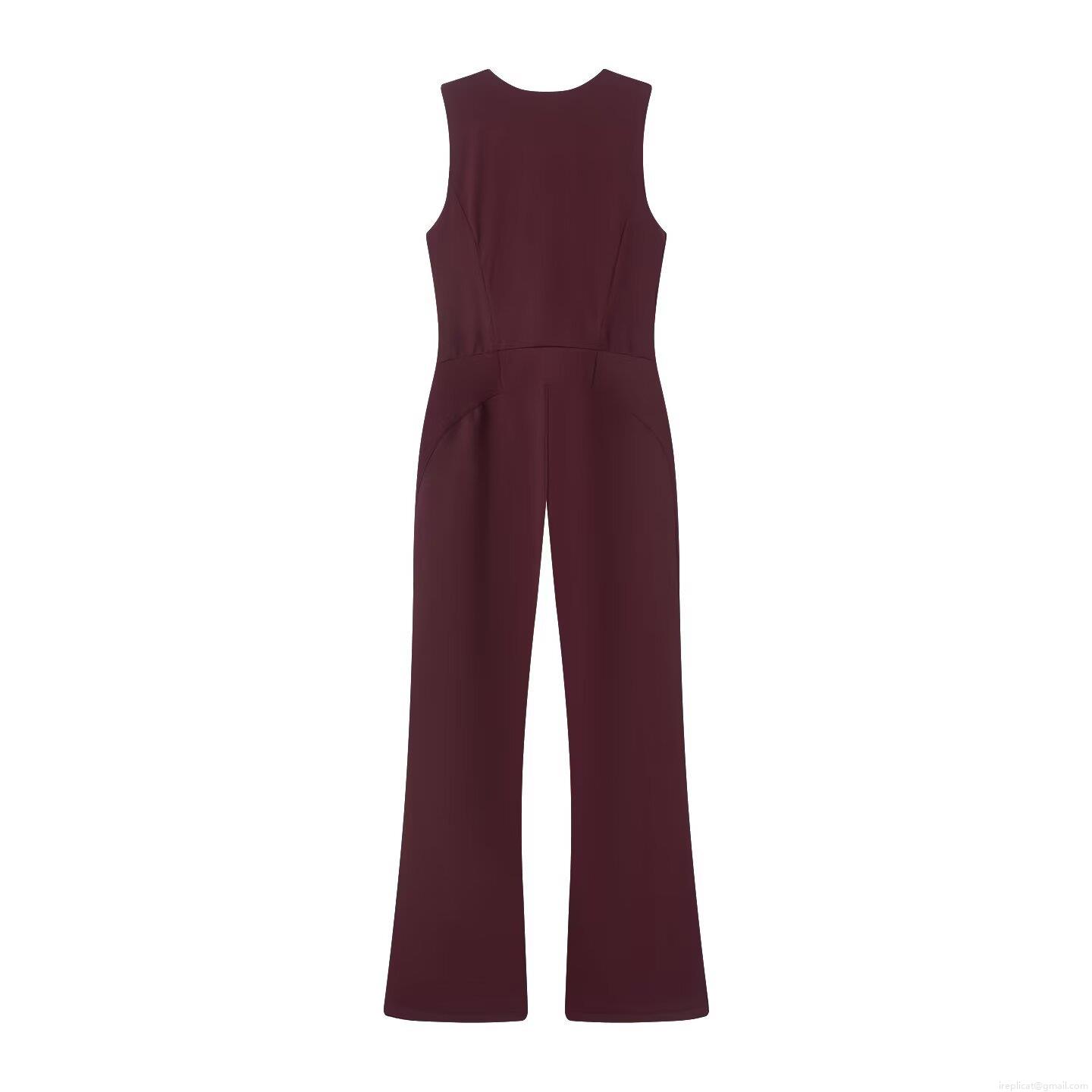 Women's Sleeveless V-Neck Jumpsuit Polyester Fleece Lined Slim Fit Front Zipper Winter Ski Jumpsuit Burgundy Deep Red Sexy Outdoor Streetwear Overall For Women