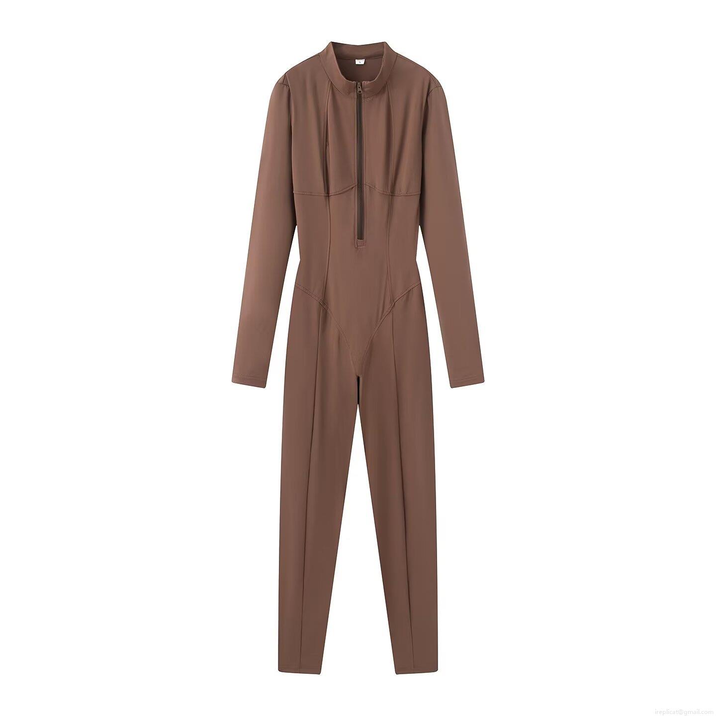 Women's Slim Fit Sporty Yoga Jumpsuit Long Sleeve Cotton Blend Catsuit With Zipper Mock Neck One Piece Bodycon Romper For Activewear Streetwear