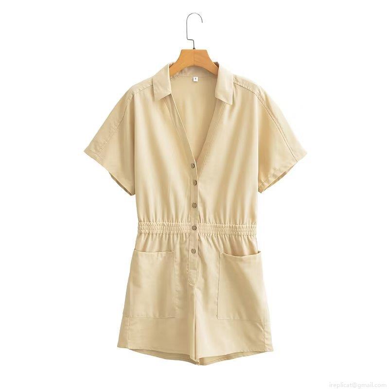 Women's Casual Cotton Linen Short Sleeve Romper Utility V-Neck Button Up Short Jumpsuit With Pockets Elastic Waist Summer Streetwear Fashion