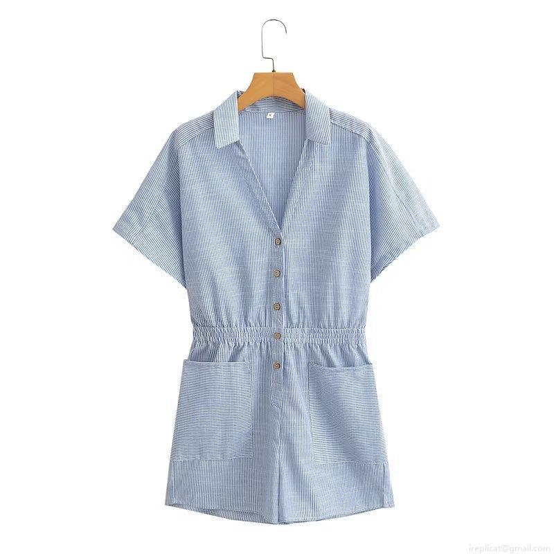 Women's Casual Cotton Linen Short Sleeve Romper Utility V-Neck Button Up Short Jumpsuit With Pockets Elastic Waist Summer Streetwear Fashion