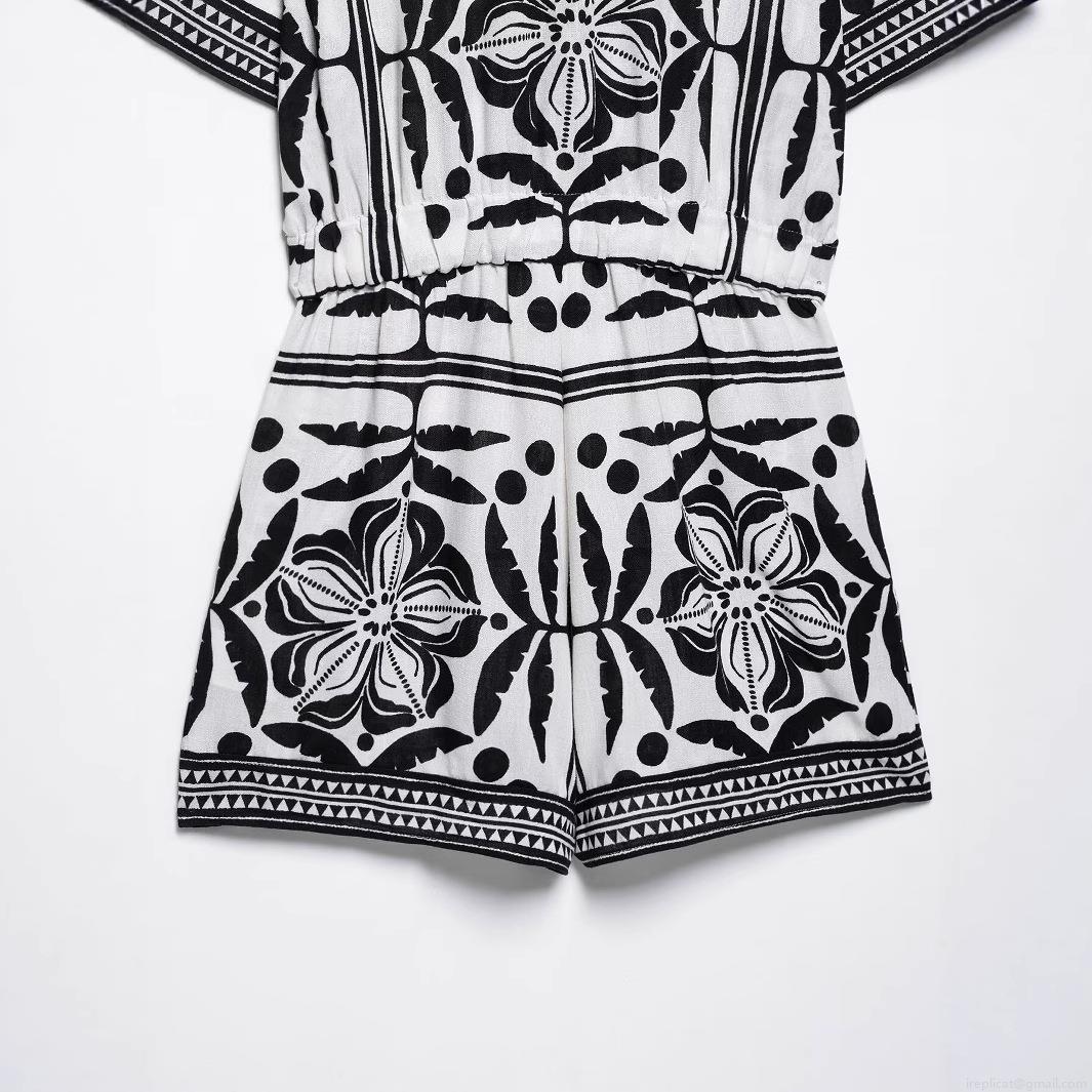 Women's Geometric Floral Print Romper Jumpsuit Lapel Short Sleeve Button Down Elastic Waist Polyester Woven Summer Casual Vacation Outfits Play Suit