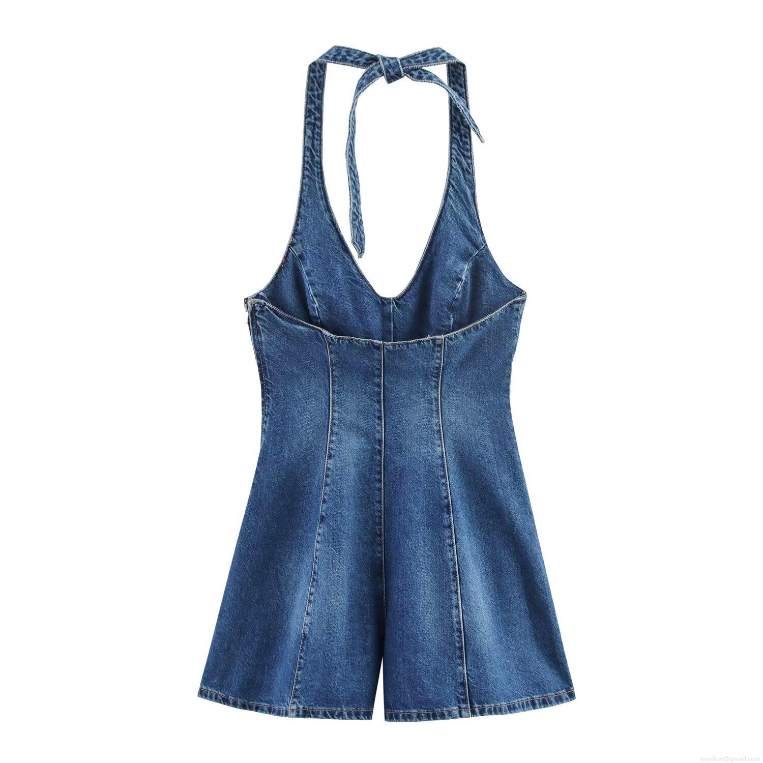 Women's Sexy Backless Denim Halter Jumpsuit Sleeveless Lace-up V-Neck Short Romper Casual Summer Streetwear Blue Denim Jumpsuit