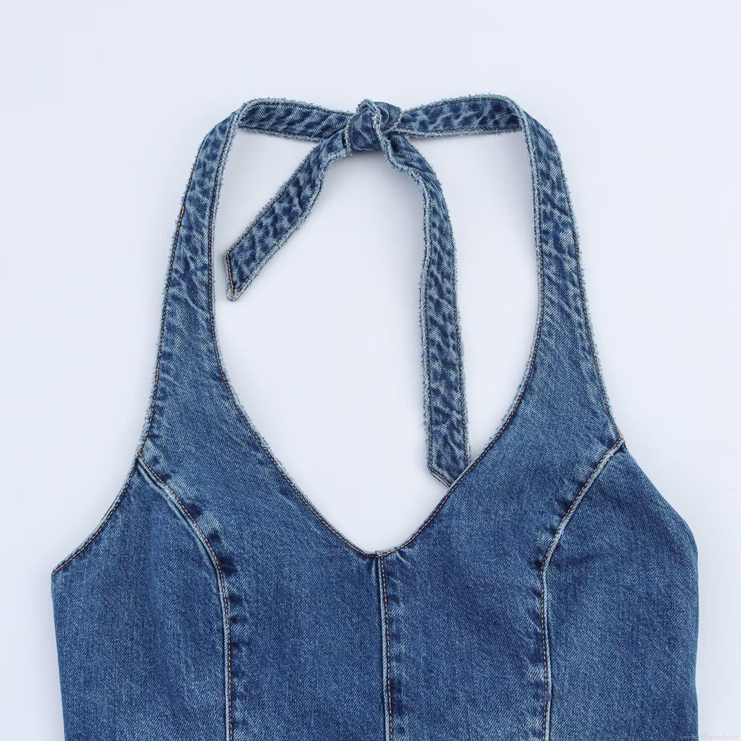 Women's Sexy Backless Denim Halter Jumpsuit Sleeveless Lace-up V-Neck Short Romper Casual Summer Streetwear Blue Denim Jumpsuit