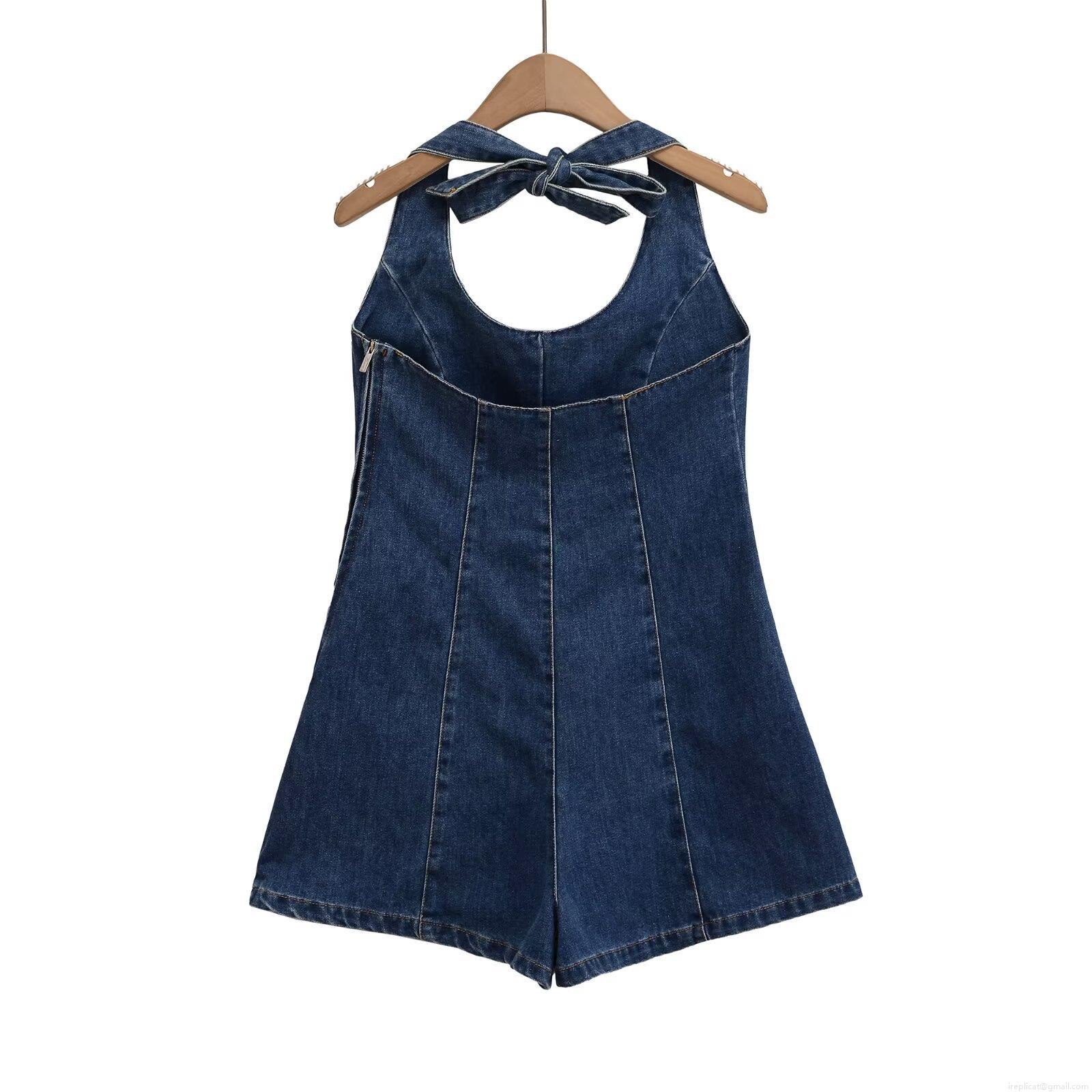 Women Sexy Backless Halter Denim Romper Summer Sleeveless Bow Tie Neck Low Waist Denim Jumpsuit Shorts Streetwear Fashion Outfits
