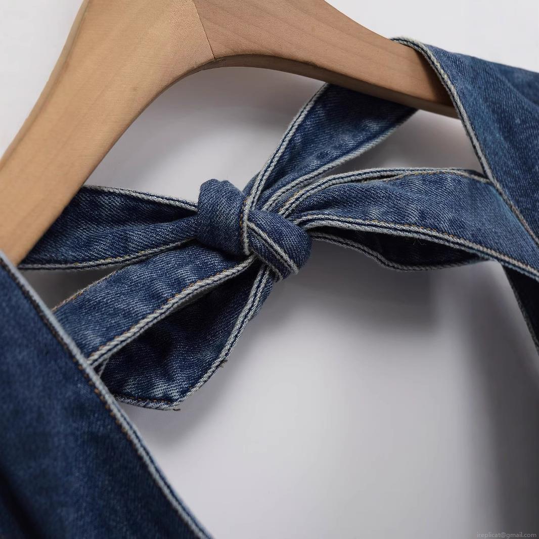 Women Sexy Backless Halter Denim Romper Summer Sleeveless Bow Tie Neck Low Waist Denim Jumpsuit Shorts Streetwear Fashion Outfits
