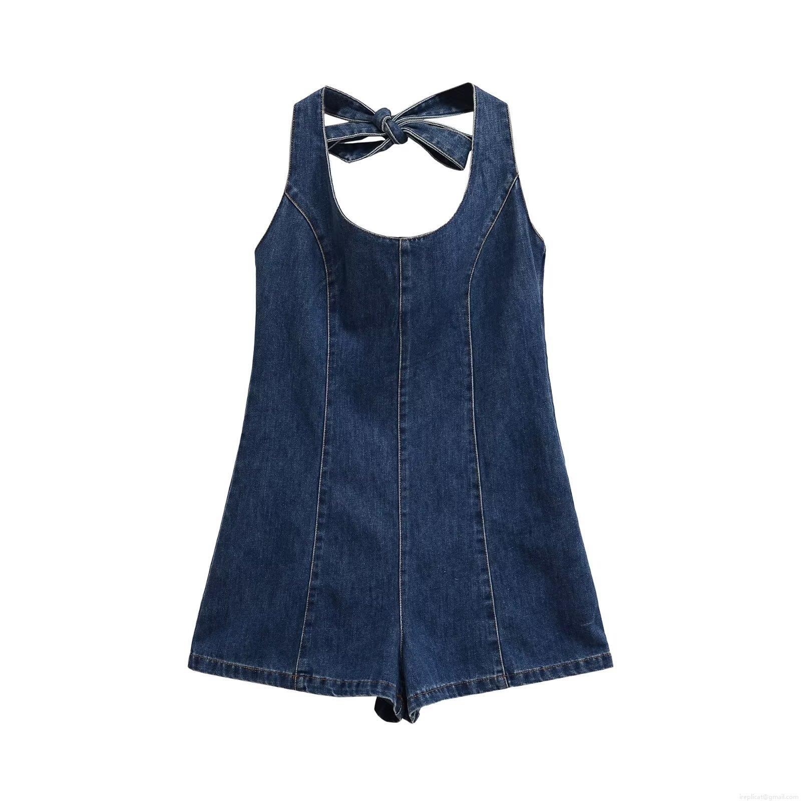 Women Sexy Backless Halter Denim Romper Summer Sleeveless Bow Tie Neck Low Waist Denim Jumpsuit Shorts Streetwear Fashion Outfits