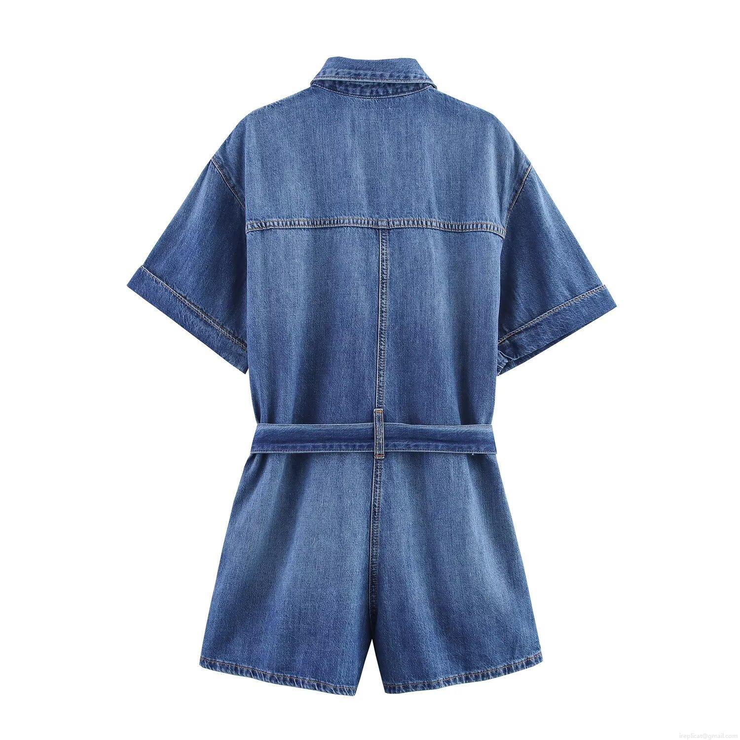 Women Western Style Denim Romper Short Sleeve Lapel Button Up Jumpsuit With Belt Royal Blue Summer Streetwear Casual Fashion Denim Playsuit