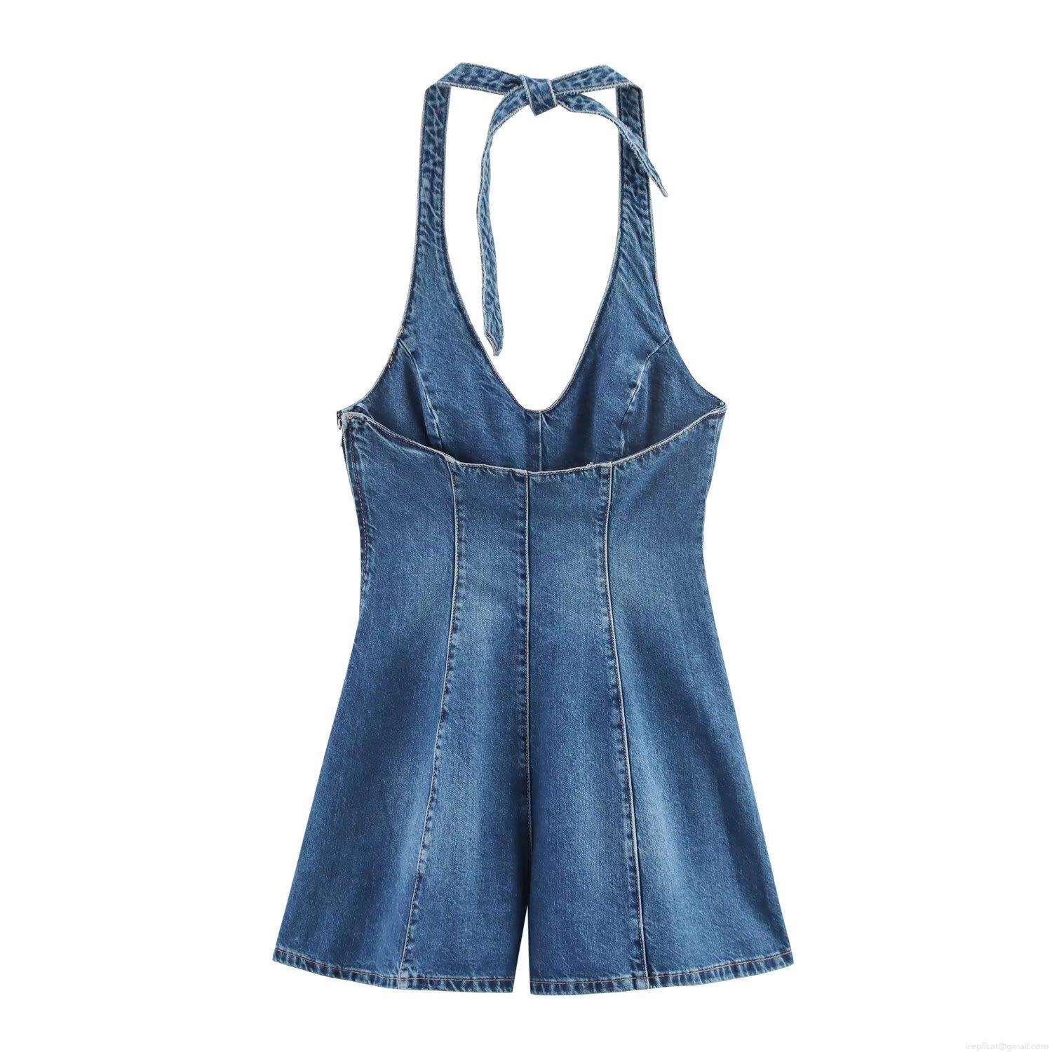 Sexy Backless Halterneck Denim Romper for Women Washed Blue Sleeveless Jumpsuit Summer Slim Fit Short Playsuit Streetwear Polyester Jumpsuit