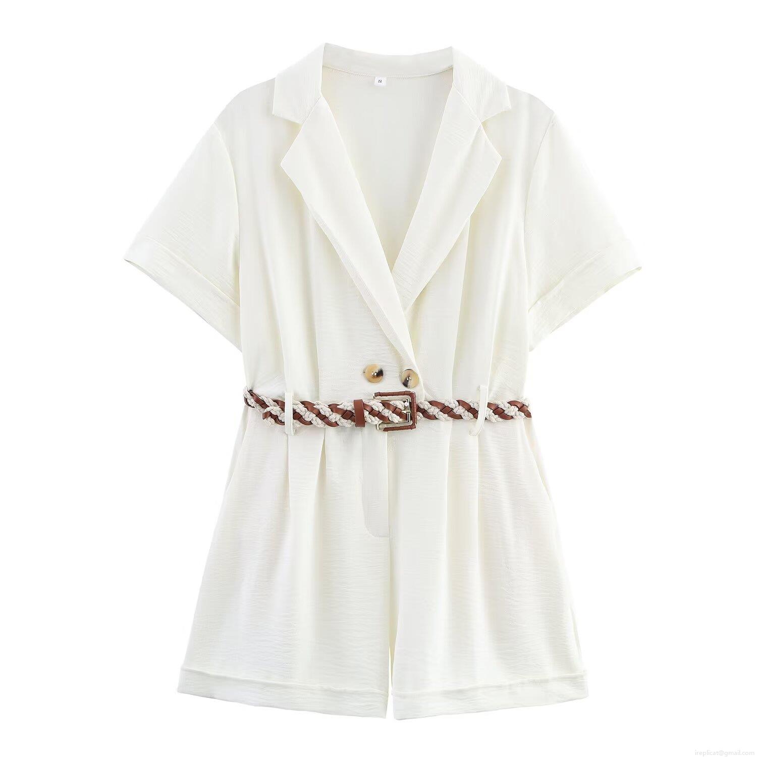 Women's Summer Short Sleeve Lapel Jumpsuit With Braided Belt Solid White Double Breasted Straight Leg Short Romper Streetwear Fashion Casual One Piece Outfit