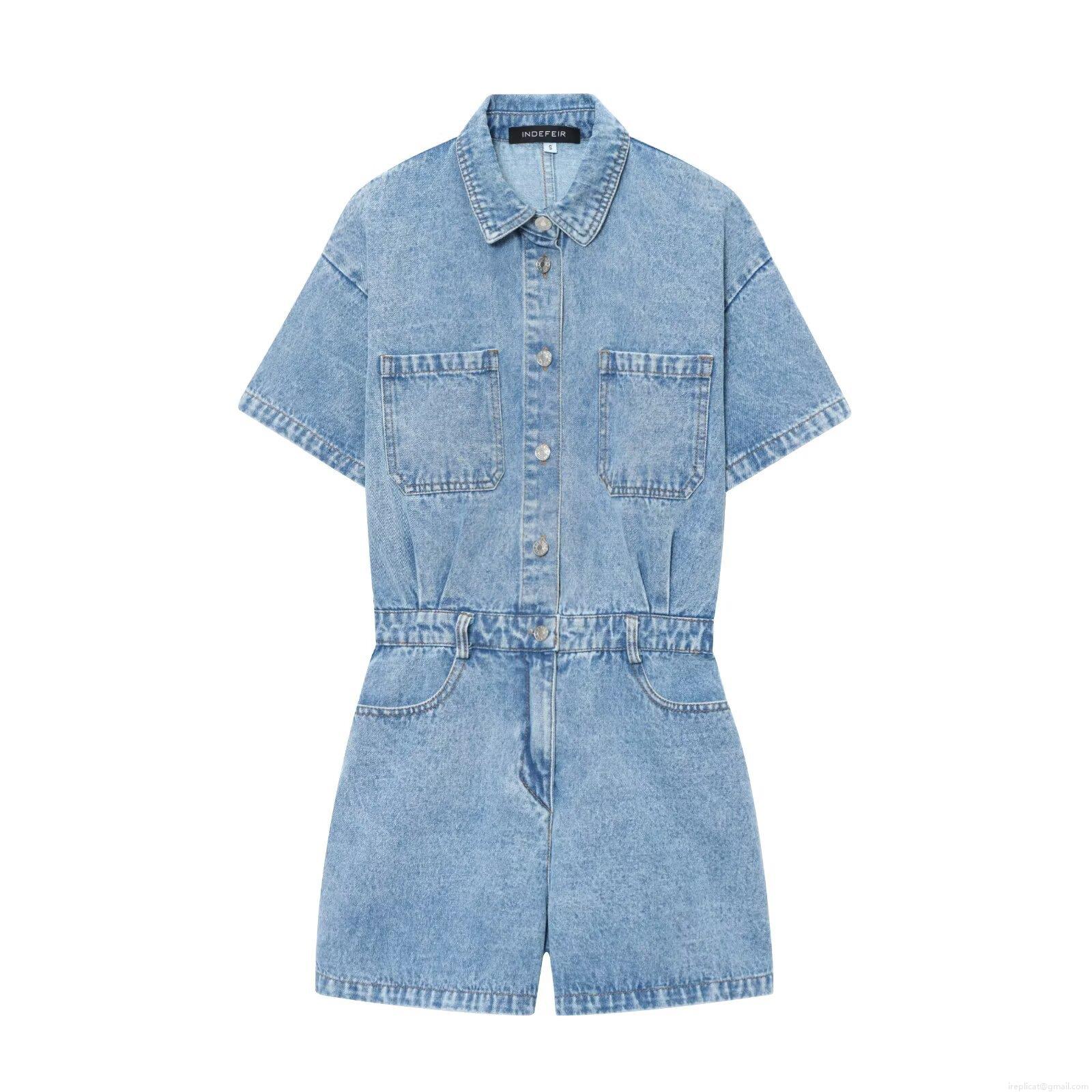 Women's Denim Romper Short Sleeve Single-Breasted Lapel Jumpsuit With Pockets Casual Streetwear One-Piece Play Suit For Women