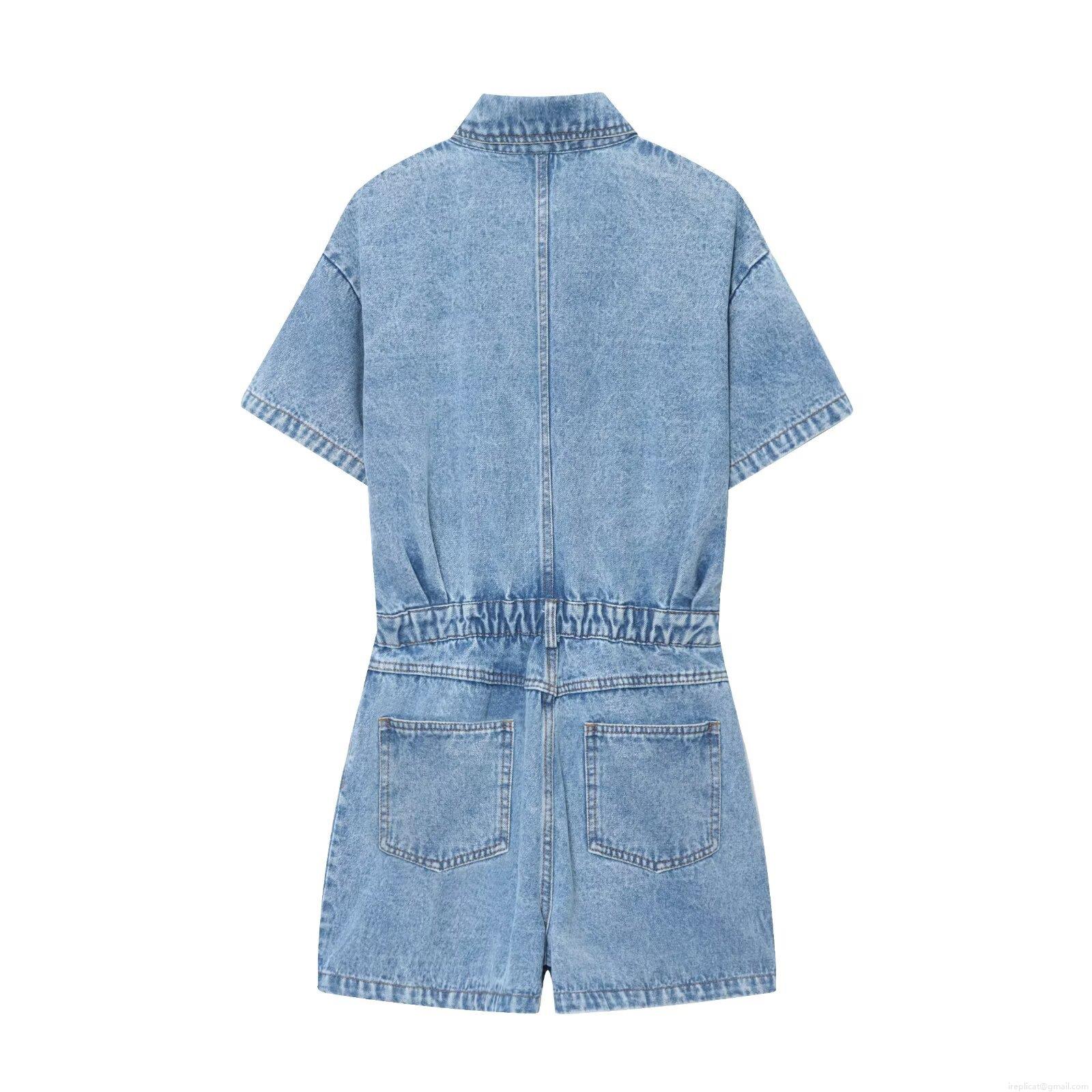 Women's Denim Romper Short Sleeve Single-Breasted Lapel Jumpsuit With Pockets Casual Streetwear One-Piece Play Suit For Women