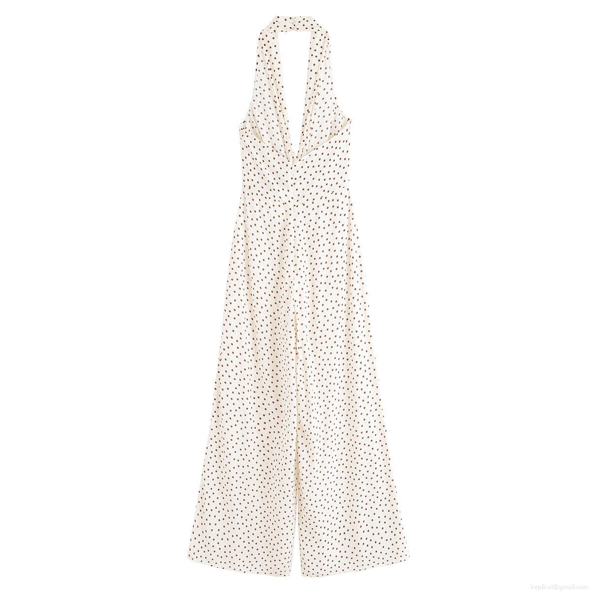 Women's Halter Polka Dot Jumpsuit Sexy Deep V Neck Sleeveless Wide Leg One Piece Romper With Metal Buckle Fashion Backless Long Overalls