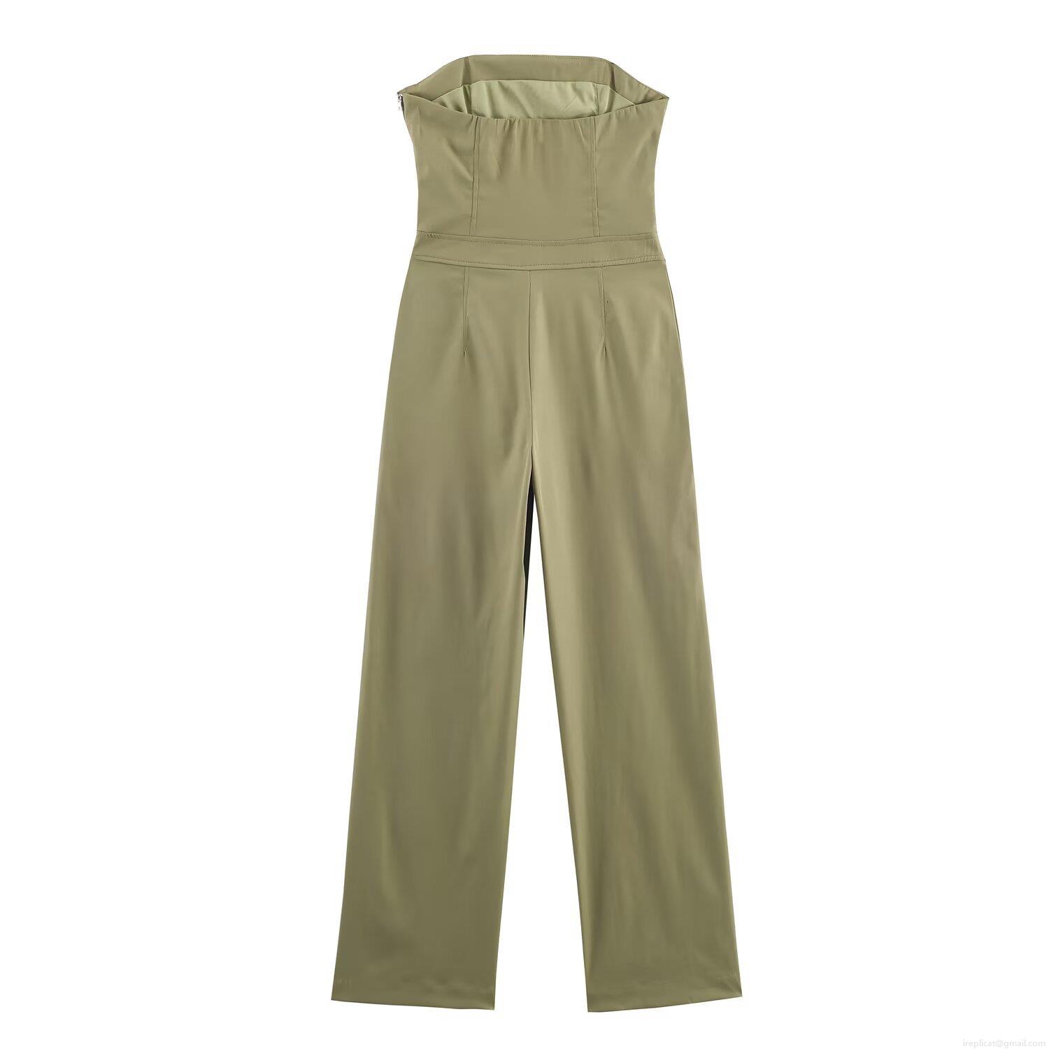 Women's Solid Color Tube Top Jumpsuit Wide Leg Long Pants With Large Pockets Sleeveless Strapless Street Style One Piece Romper Polyester Jumpsuit