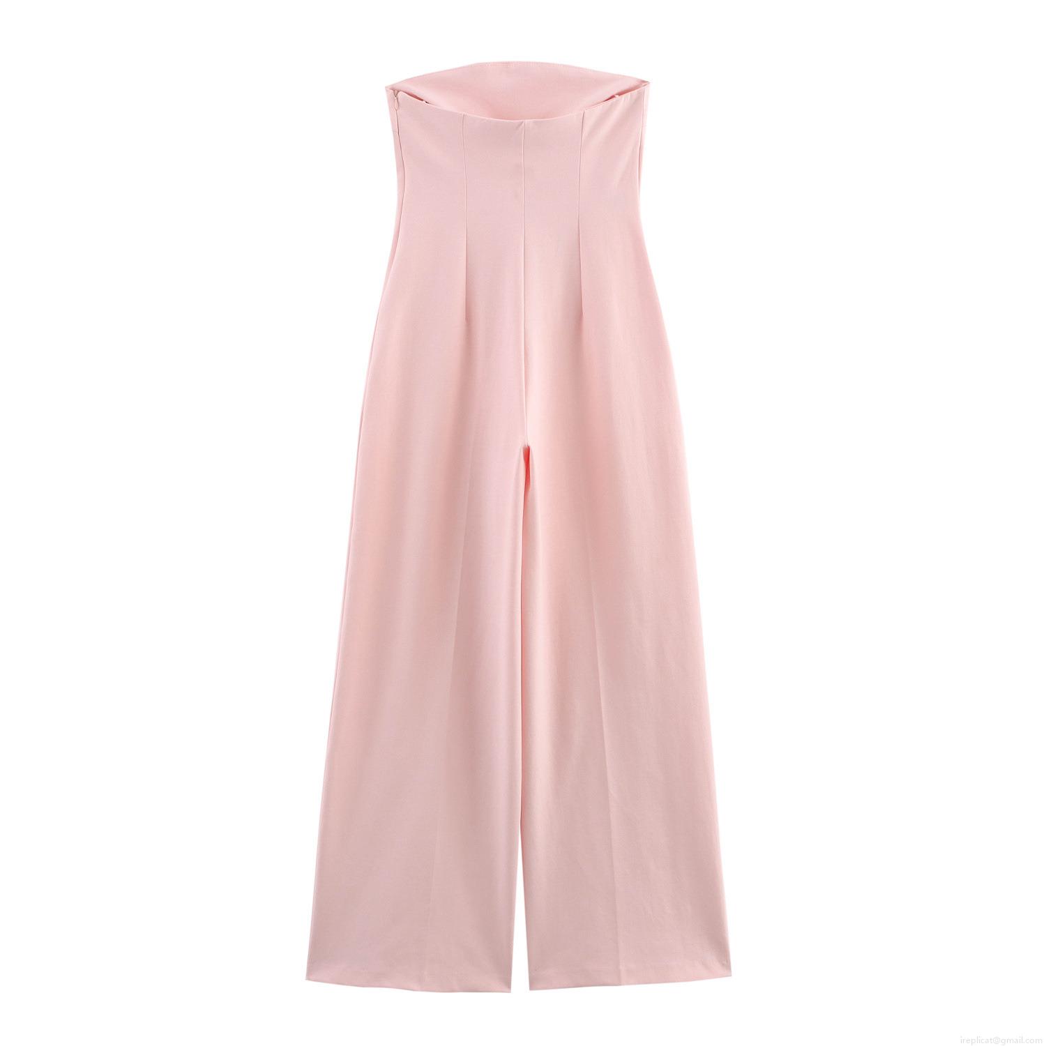 Women Strapless Backless Jumpsuit Pink High Waist Wide Leg Long Pant Polyester Spandex Sexy Elegant One Piece Outfit for Party Night Out Summer