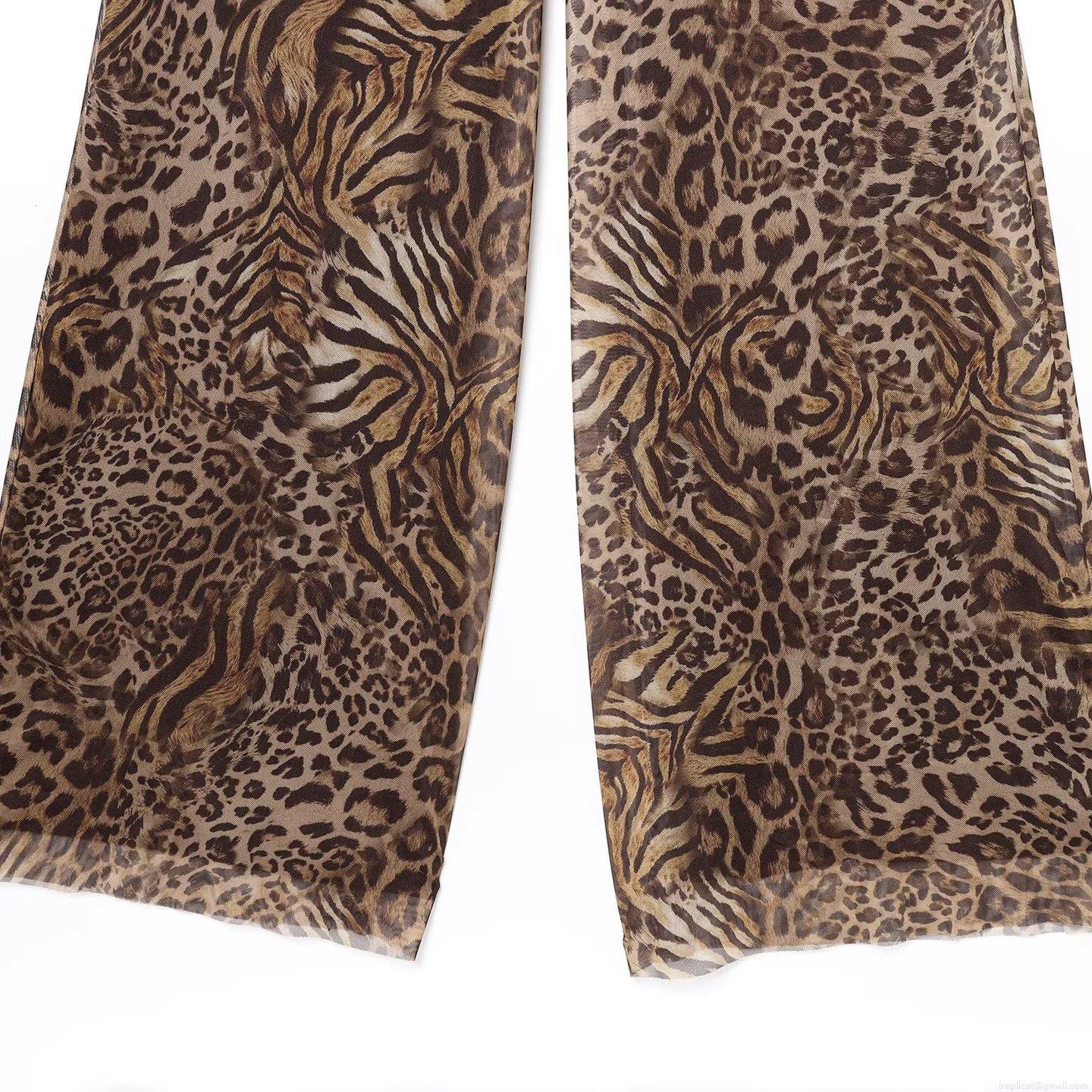 Women Sexy Leopard Print Mesh Halter Jumpsuit Deep V Neck Sleeveless Backless Wide Leg Long Pants Romper Summer Beach Resort Outfits