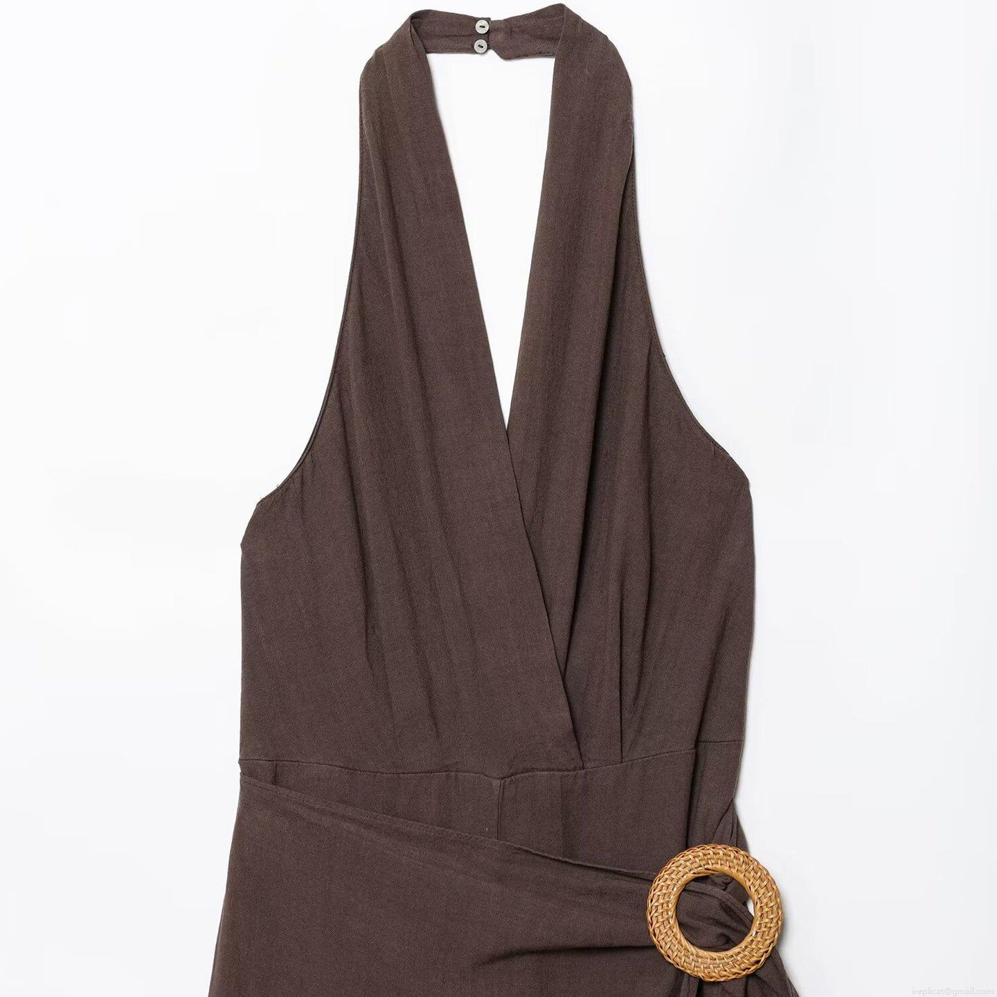 Women Summer Halter Neck Backless Jumpsuit Fashion Casual Wide Leg Long Pants With Round Woven Buckle Polyester Mixed Linen Texture Jumpsuit