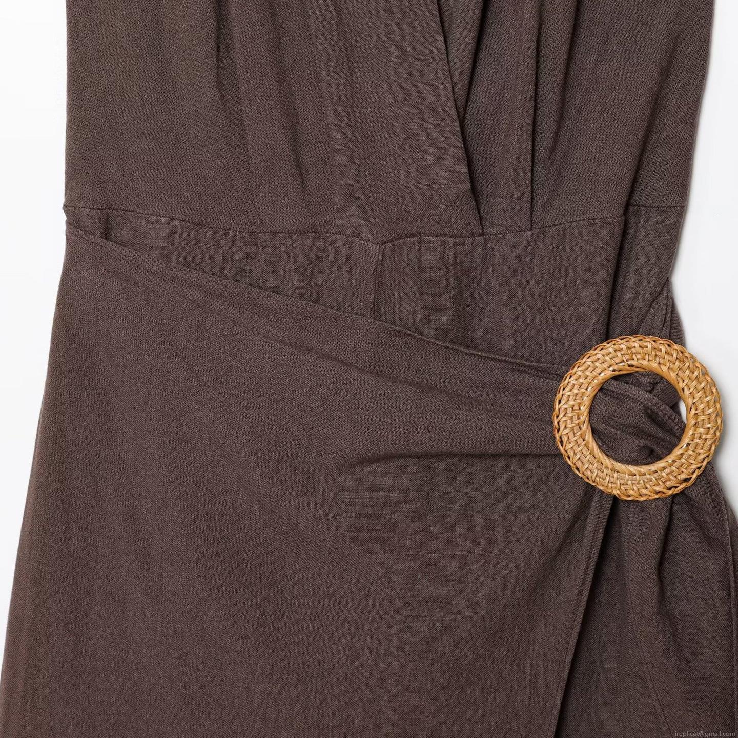 Women Summer Halter Neck Backless Jumpsuit Fashion Casual Wide Leg Long Pants With Round Woven Buckle Polyester Mixed Linen Texture Jumpsuit