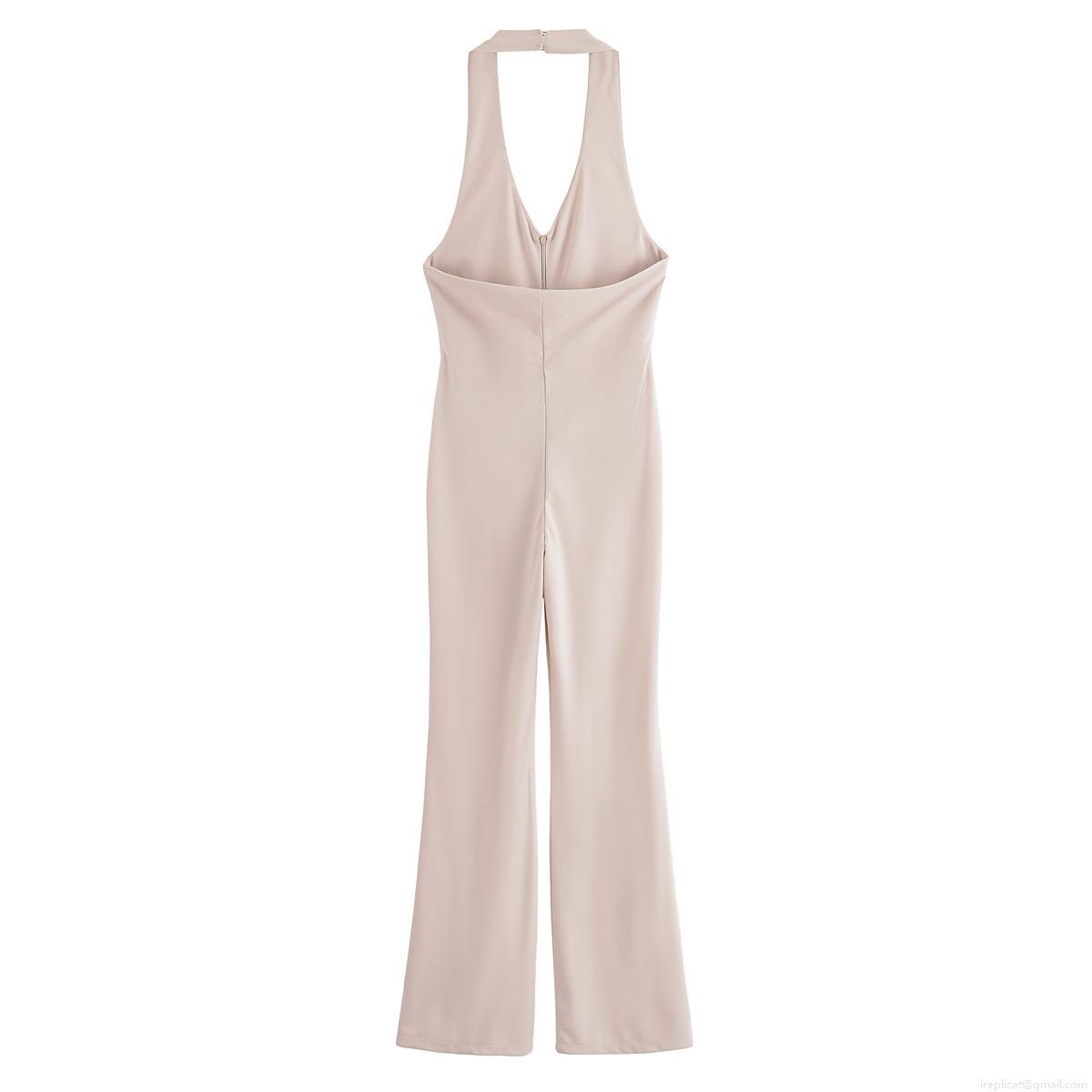 Women Sexy Halter Neck Deep V-Neck Backless Jumpsuit Flare Wide Leg Sleeveless One Piece Bodysuit Romper For Summer Party Clubwear Fashion Outfit