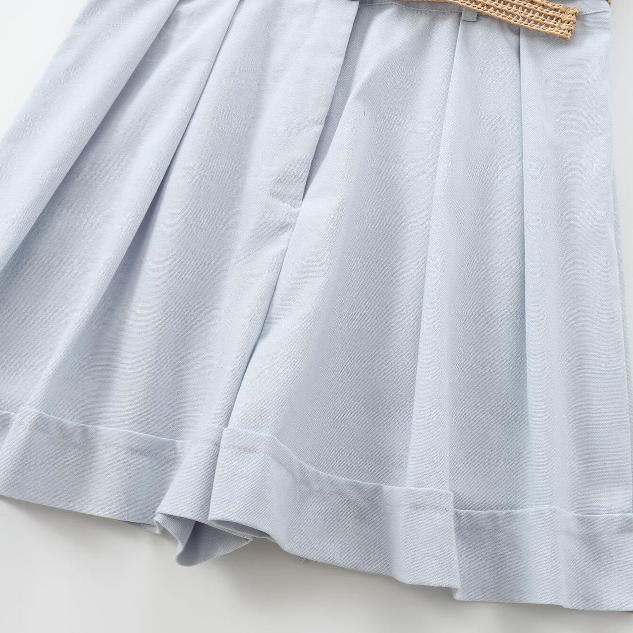 Women's Long Sleeve Jumpsuit Cotton Linen Blend With Braided Belt Button Down Collared High Waist Pleated Shorts Romper Chic Office Casual Summer Elegant Outfits