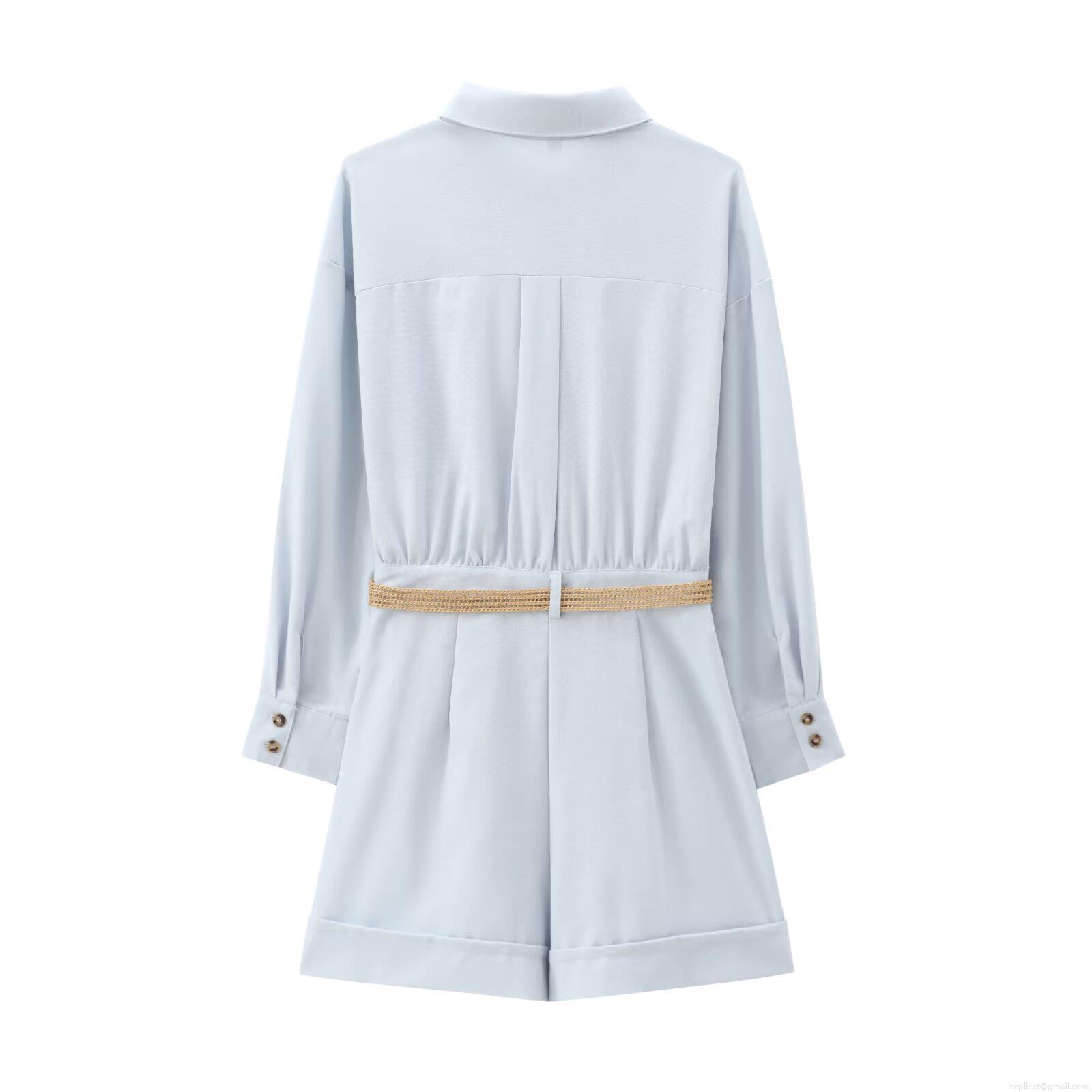 Women's Long Sleeve Jumpsuit Cotton Linen Blend With Braided Belt Button Down Collared High Waist Pleated Shorts Romper Chic Office Casual Summer Elegant Outfits