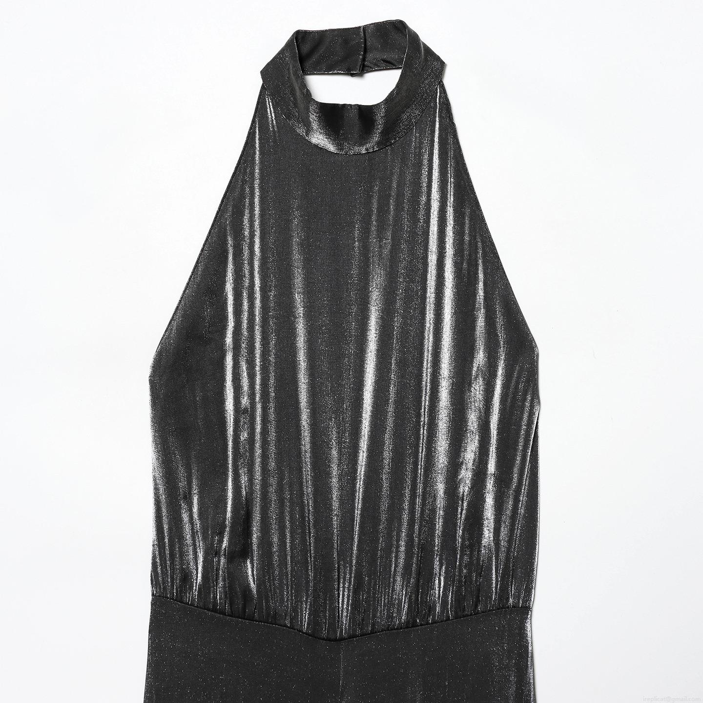 Sexy Halter Neck Backless Metallic Jumpsuit For Women Sleeveless High Waist Wide Leg Long Pants Party Clubwear Evening Romper
