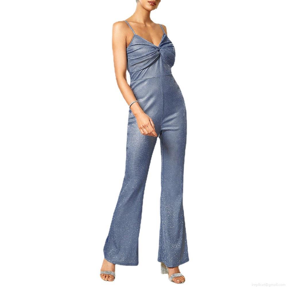 Women's Sexy Sequin Jumpsuit Camisole V-Neck Twist Front Backless Wide Leg Pants Elegant Party Evening Romper Misty Blue Polyester Spandex