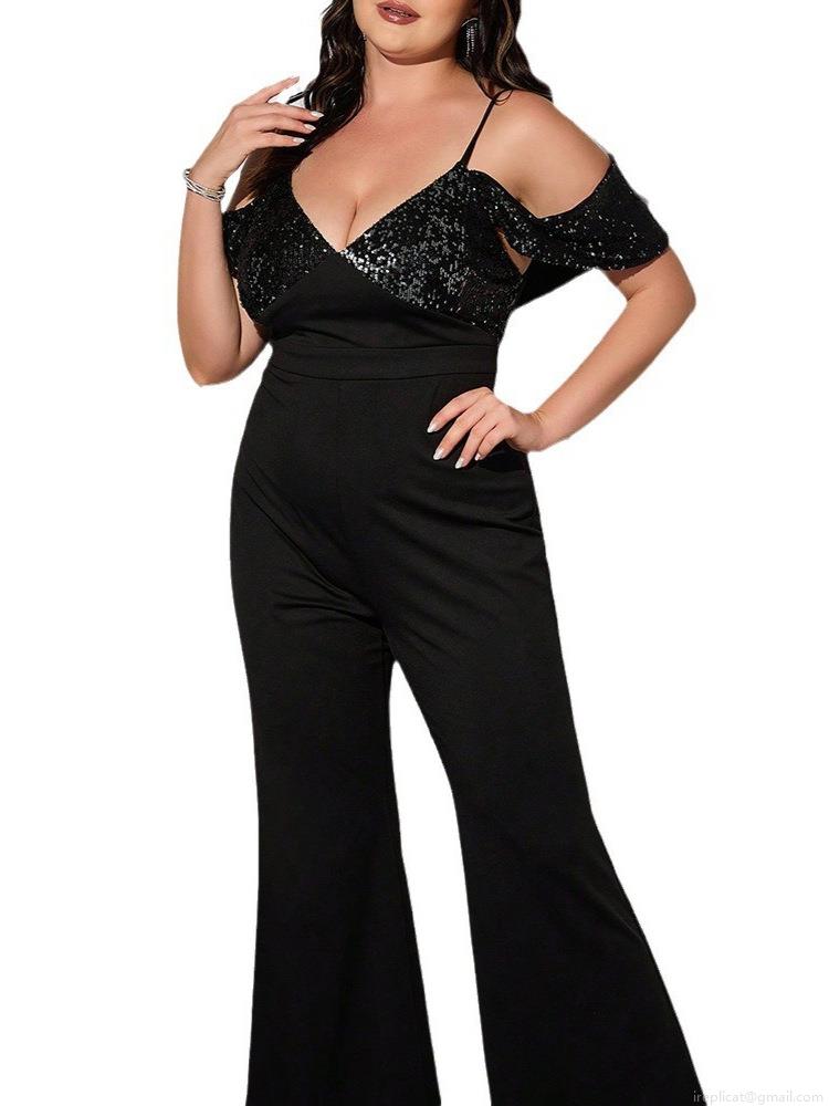 Women's Plus Size Sequin Cold Shoulder Jumpsuit Sexy V-Neck Wide Leg Party Romper Elegant Stitching Black Polyester Spandex Evening Clubwear Jumpsuit