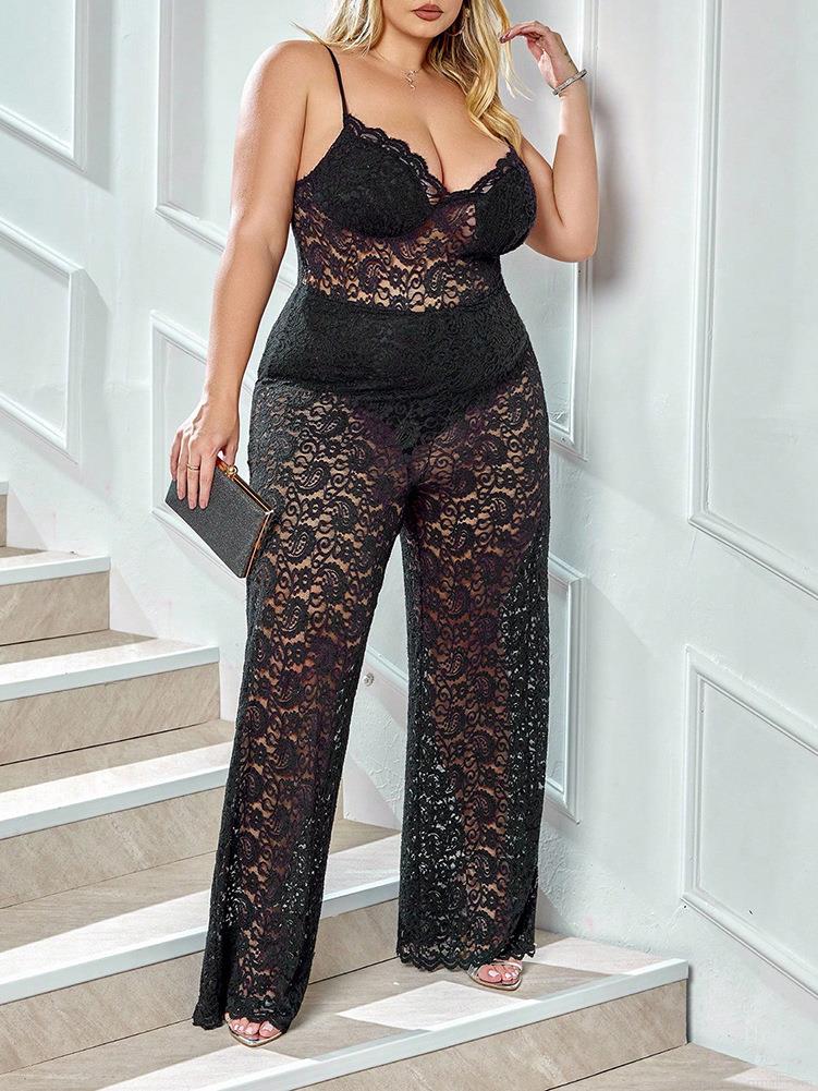 Women Plus Size Lace Hollow Out Jumpsuit Sexy Deep V Sleeveless Straight Leg Romper Party Clubwear Casual Black Long Jumpsuits