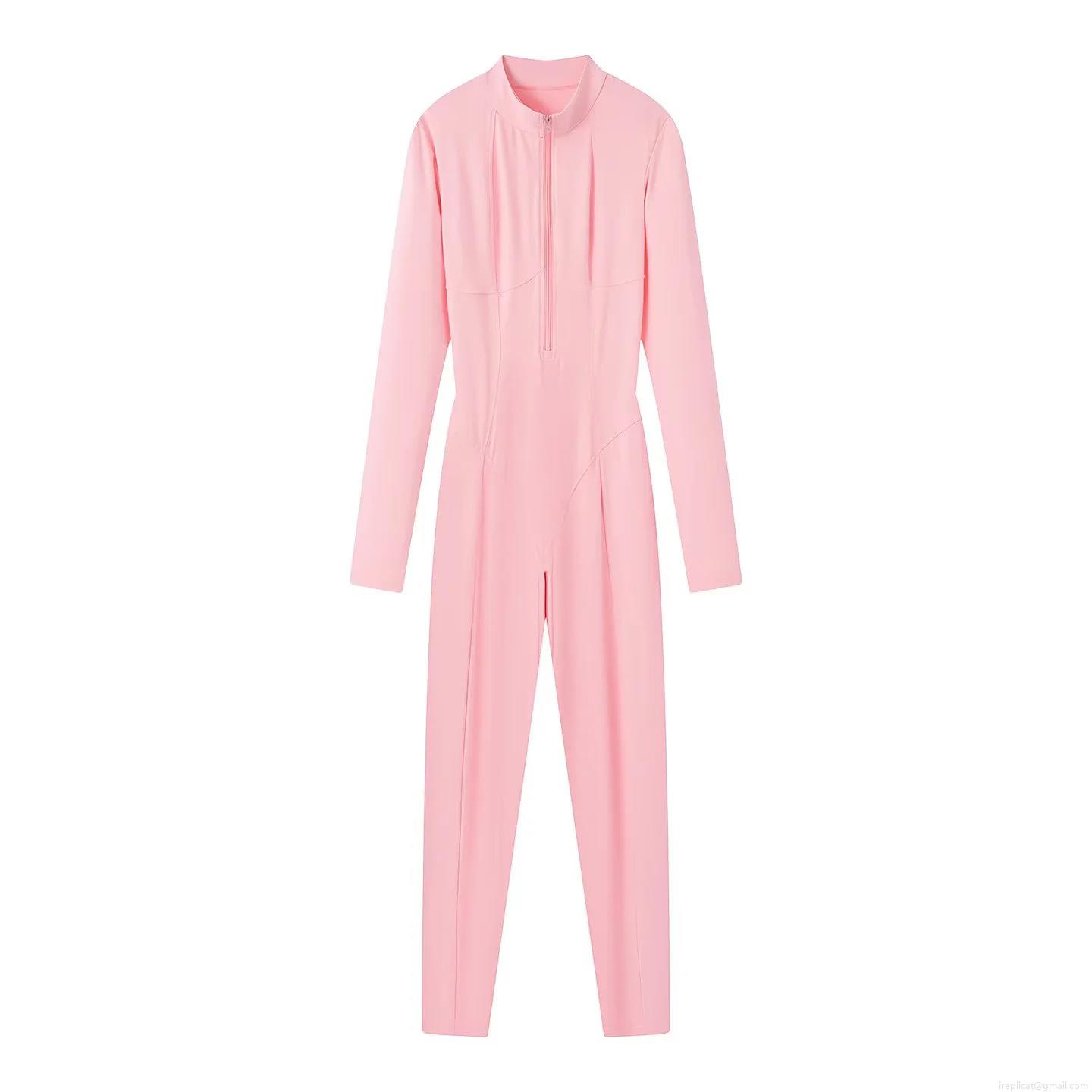 Women's Long Sleeve Jumpsuits Zip Up Mock Neck Bodycon One Piece Sporty Rompers High Elastic Slim Fit Spandex Bodysuit Outfits For Women