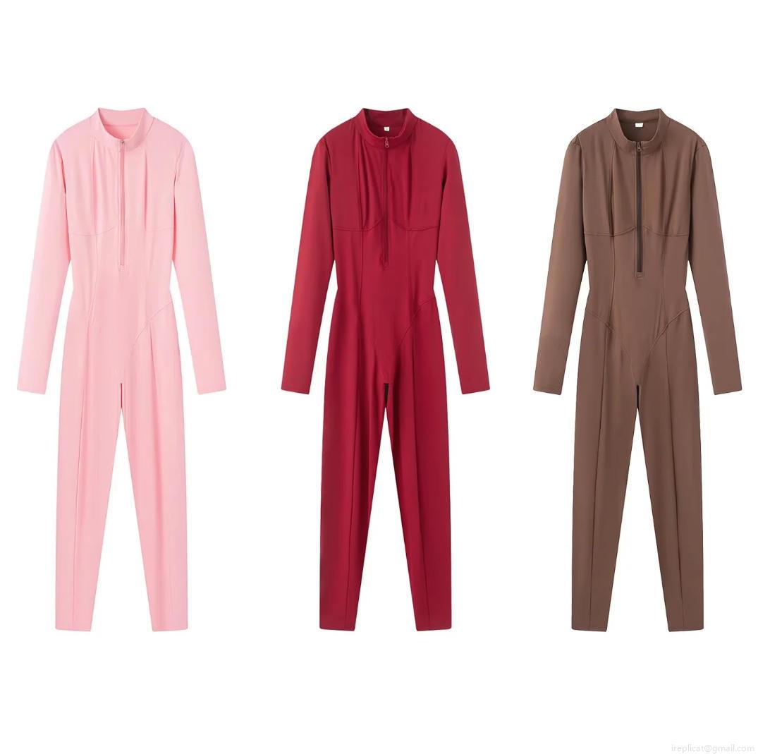 Women's Long Sleeve Jumpsuits Zip Up Mock Neck Bodycon One Piece Sporty Rompers High Elastic Slim Fit Spandex Bodysuit Outfits For Women