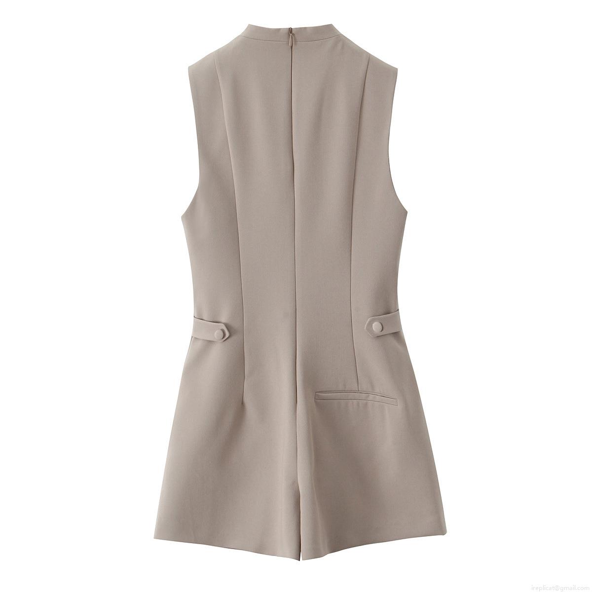 Women's Sleeveless Stand Collar Romper Elegant Solid Color Button Down Short Jumpsuit Summer Chic Playsuit With Pockets Casual Party Outfit For Women