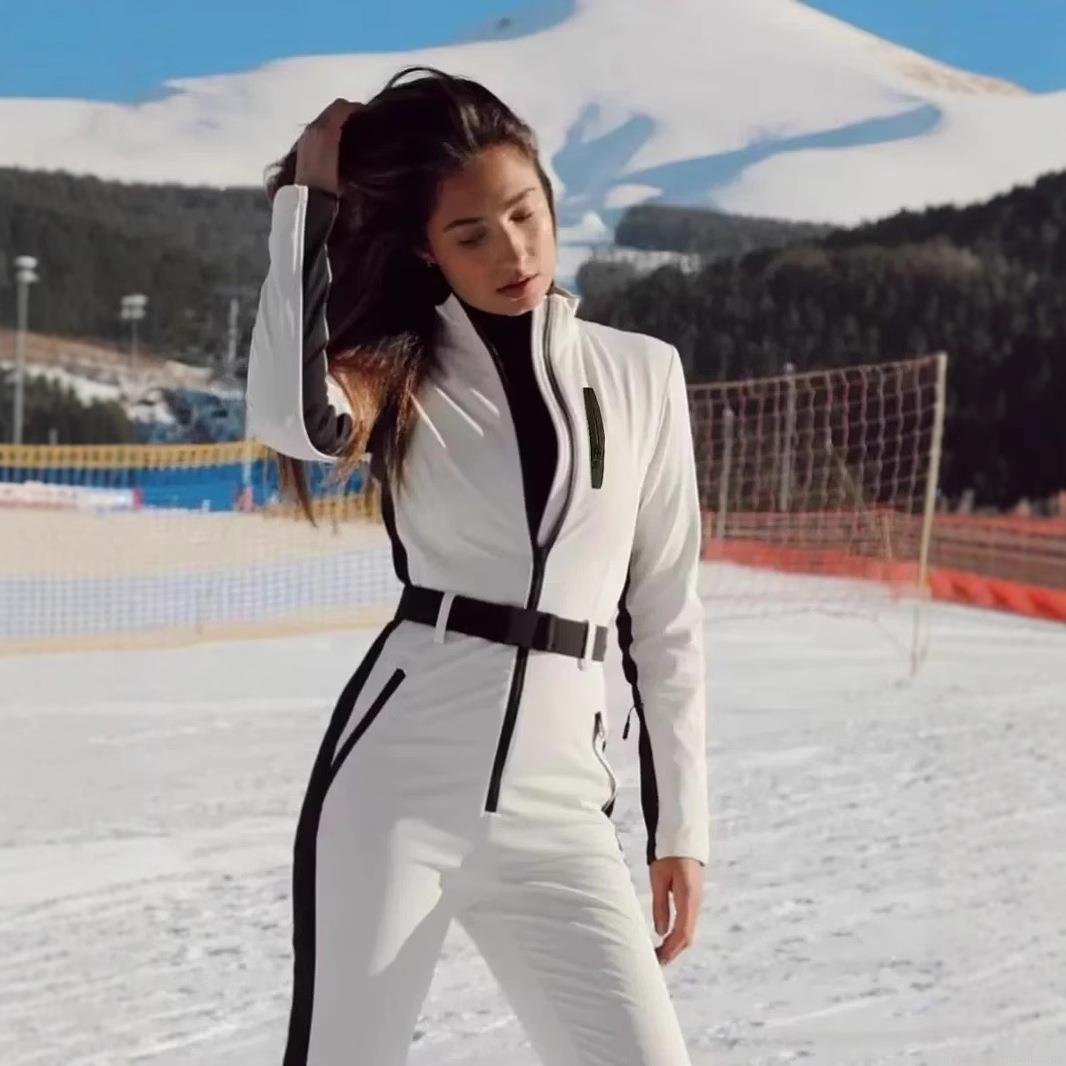 Women's Color Block One Piece Ski Suit Waterproof Windproof Slim Fit Jumpsuit With Belt Outdoor Winter Sportswear Snowsuit
