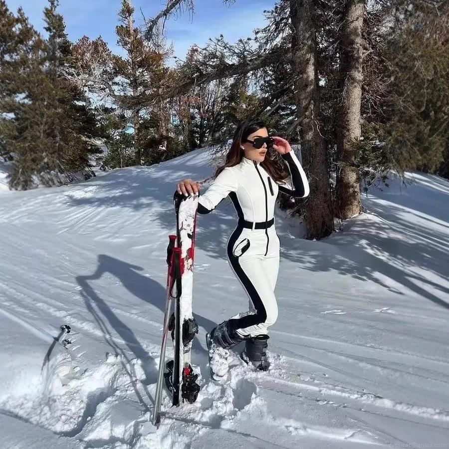 Women's Color Block One Piece Ski Suit Waterproof Windproof Slim Fit Jumpsuit With Belt Outdoor Winter Sportswear Snowsuit
