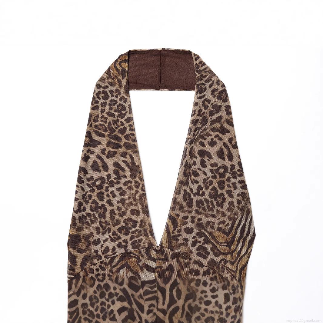 Sexy Women Leopard Print Halter Jumpsuit Sleeveless Mesh Polyester Cotton Blend V Neck Wide Leg Straight Long Romper Party Clubwear