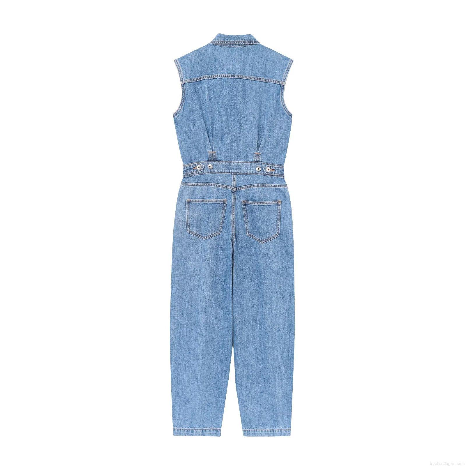 Women's Sleeveless Washed Denim Jumpsuit Balloon Silhouette Button Up Lapel One Piece Romper With Multi Pockets Casual Cotton Blend Jumpsuit For Summer Women Clothing