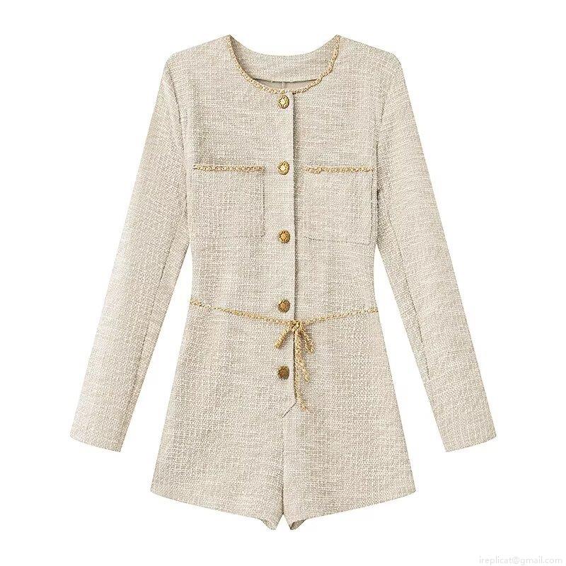 Women Elegant French Tweed Long Sleeve Romper With Metal Buttons And Chain Belt Slim Fit Socialite Style Short Jumpsuit One Piece Playsuit