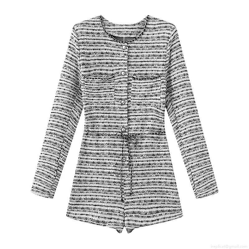 Women Elegant French Tweed Long Sleeve Romper With Metal Buttons And Chain Belt Slim Fit Socialite Style Short Jumpsuit One Piece Playsuit