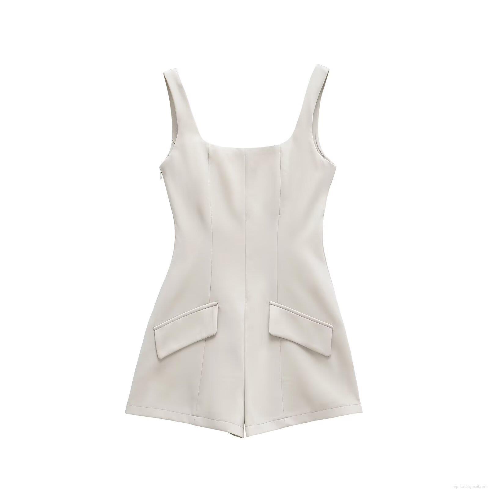 Women's Elegant White Sleeveless Romper Square Neck Slim Fit Woven Polyester One-Piece Shorts With Pockets Summer Fashion Party Ladies Casual Outfits